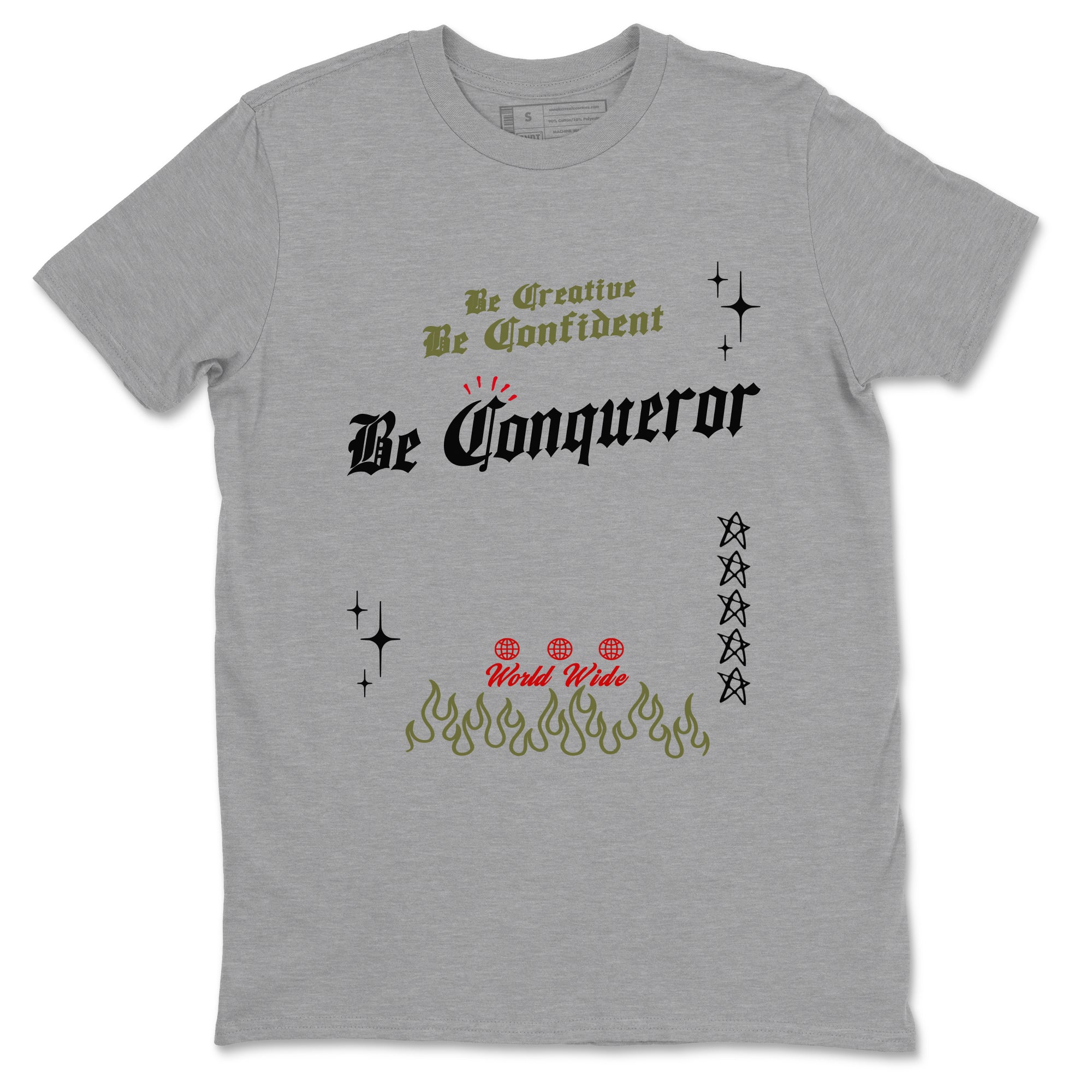 1s Travis Scott Medium Olive shirts to match jordans Be Conqueror sneaker match tees Air Jordan 1 Travis Scott Medium Olive match shoes to clothes SNRT Sneaker Tees unisex cotton Heather Grey 2 shirts