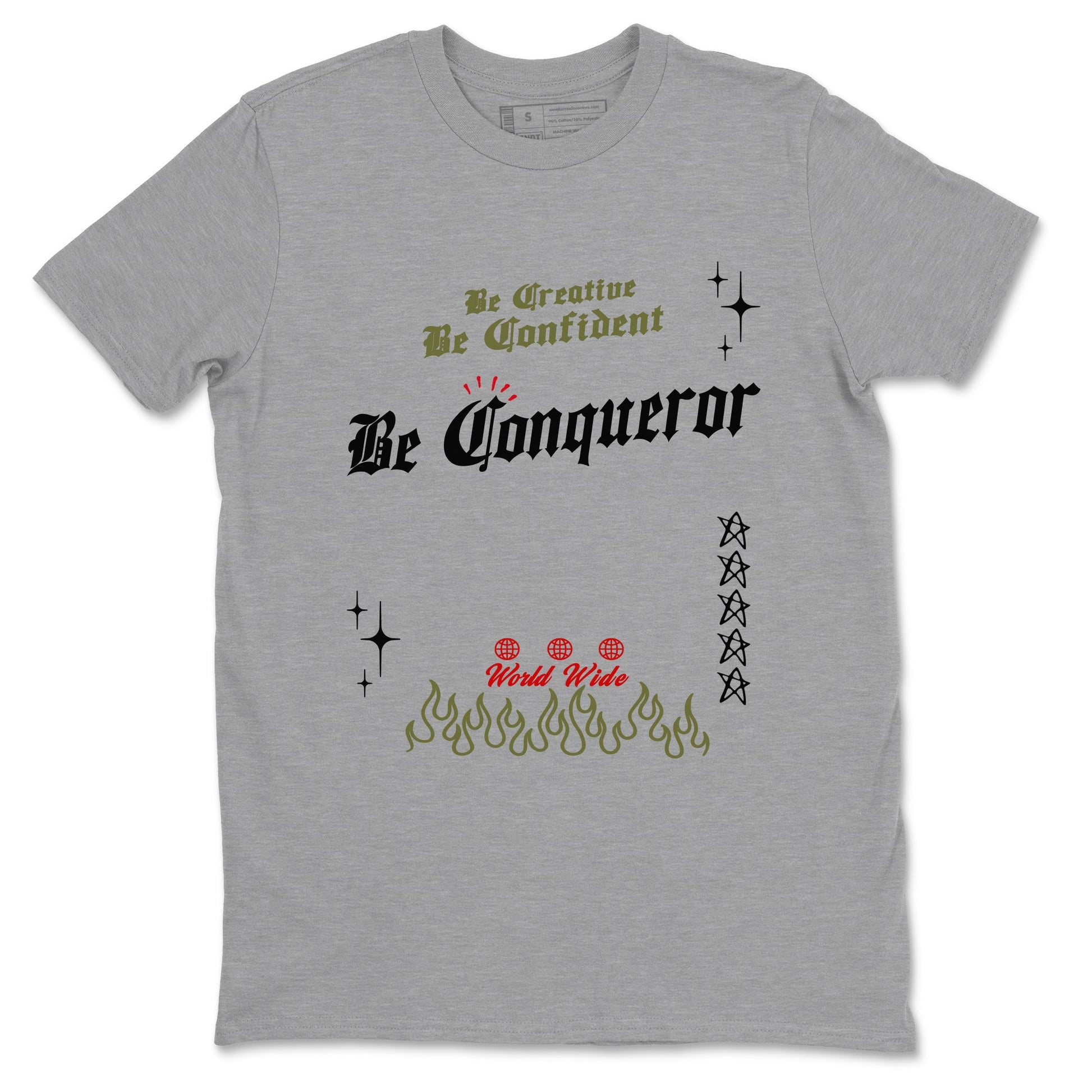1s Travis Scott Medium Olive shirts to match jordans Be Conqueror sneaker match tees Air Jordan 1 Travis Scott Medium Olive match shoes to clothes SNRT Sneaker Tees unisex cotton Heather Grey 2 shirts