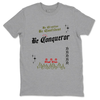 1s Travis Scott Medium Olive shirts to match jordans Be Conqueror sneaker match tees Air Jordan 1 Travis Scott Medium Olive match shoes to clothes SNRT Sneaker Tees unisex cotton Heather Grey 2 shirts