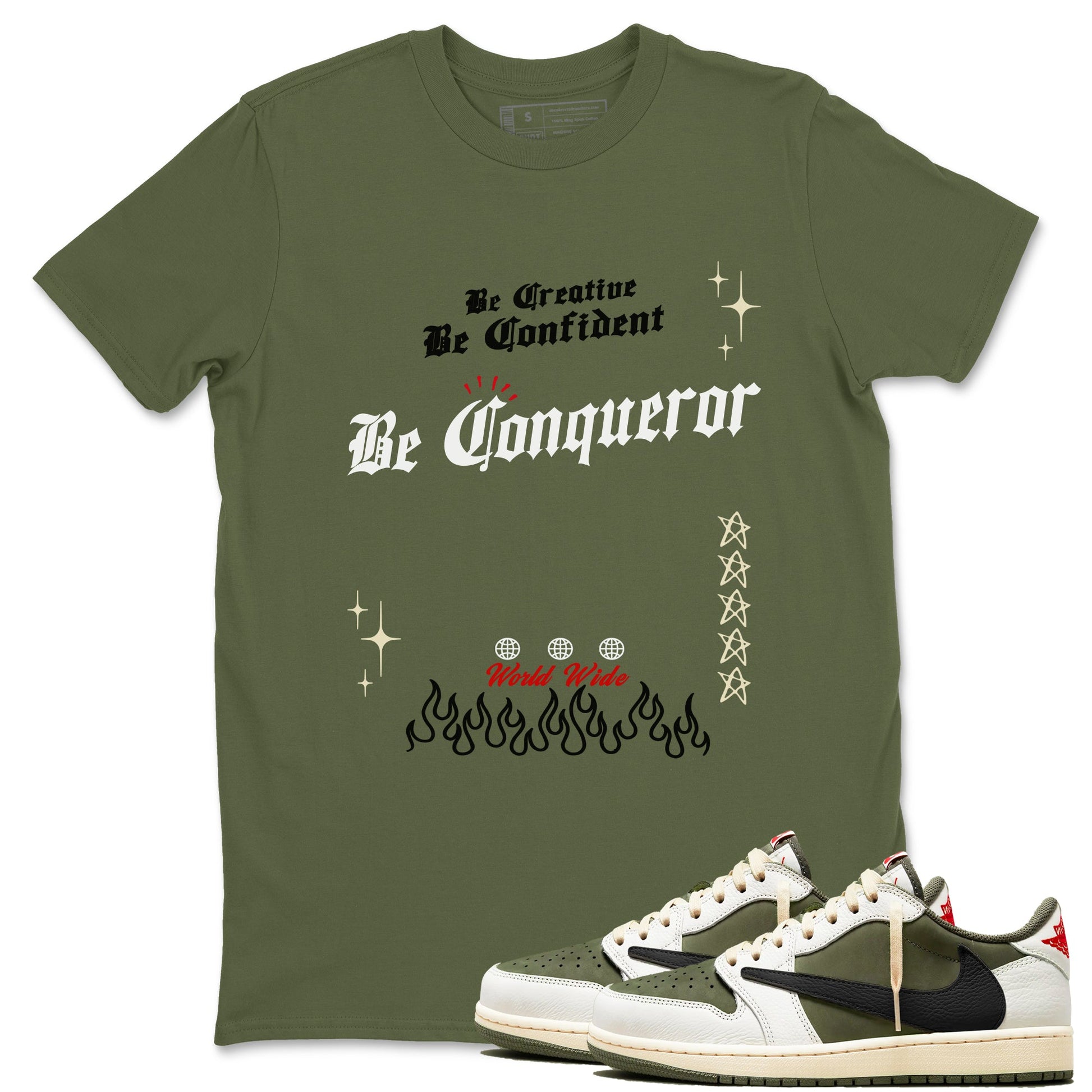 1s Travis Scott Medium Olive shirts to match jordans Be Conqueror sneaker match tees Air Jordan 1 Travis Scott Medium Olive match shoes to clothes SNRT Sneaker Tees unisex cotton Military Green 1 shirts