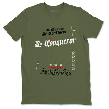 1s Travis Scott Medium Olive shirts to match jordans Be Conqueror sneaker match tees Air Jordan 1 Travis Scott Medium Olive match shoes to clothes SNRT Sneaker Tees unisex cotton Military Green 2 shirts