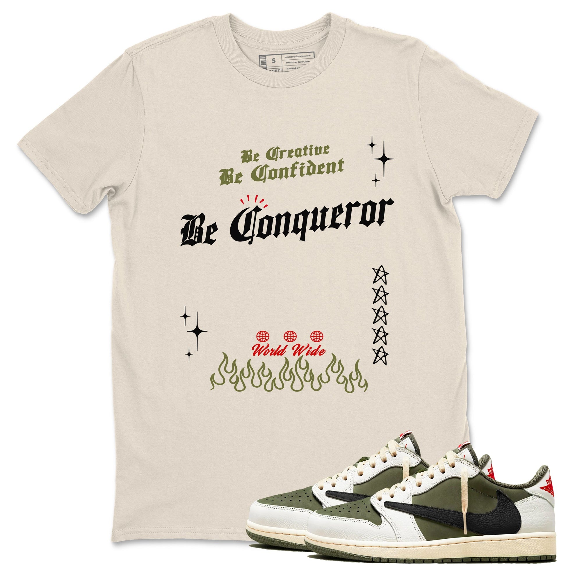 1s Travis Scott Medium Olive shirts to match jordans Be Conqueror sneaker match tees Air Jordan 1 Travis Scott Medium Olive match shoes to clothes SNRT Sneaker Tees unisex cotton Natural 1 shirts