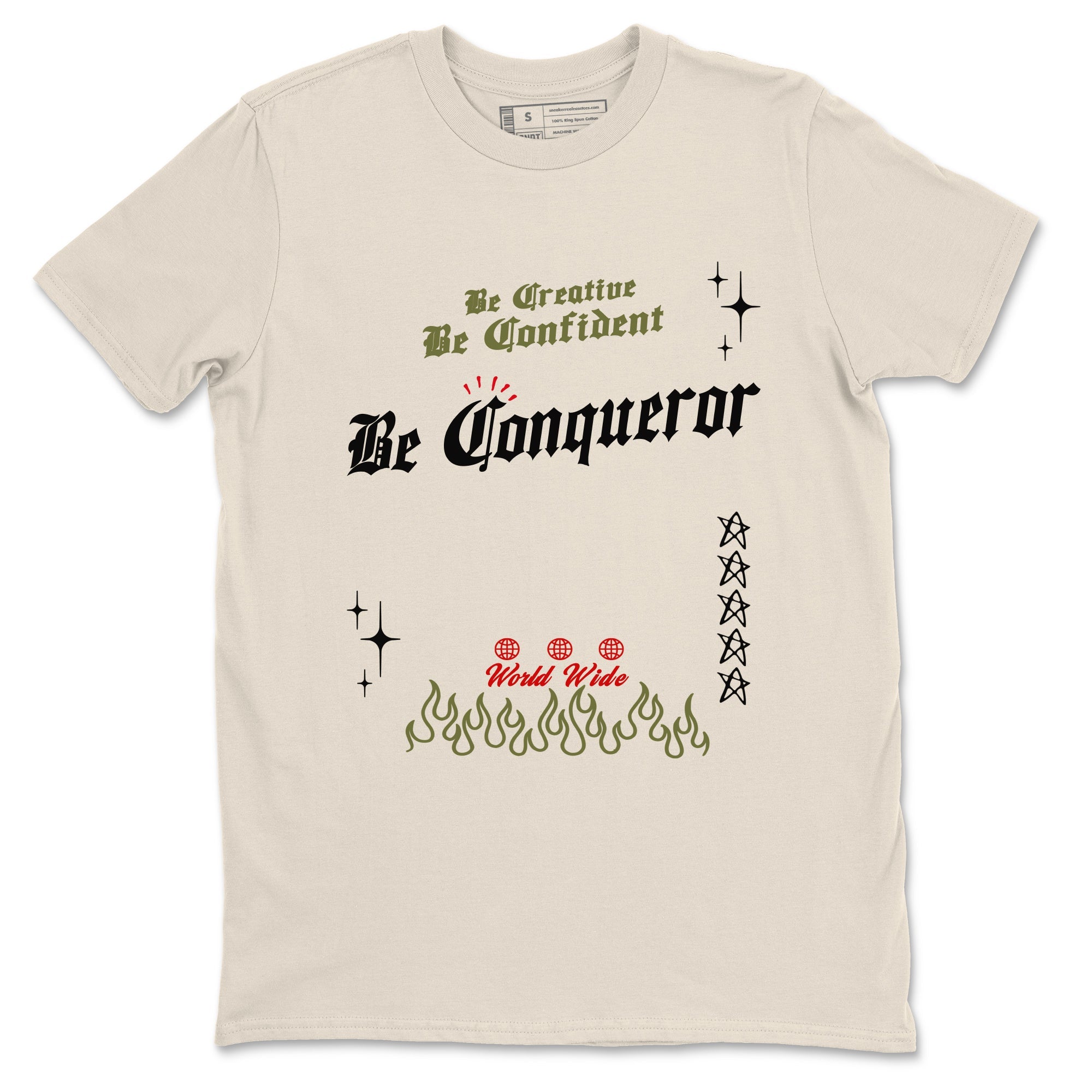 1s Travis Scott Medium Olive shirts to match jordans Be Conqueror sneaker match tees Air Jordan 1 Travis Scott Medium Olive match shoes to clothes SNRT Sneaker Tees unisex cotton Natural 2 shirts