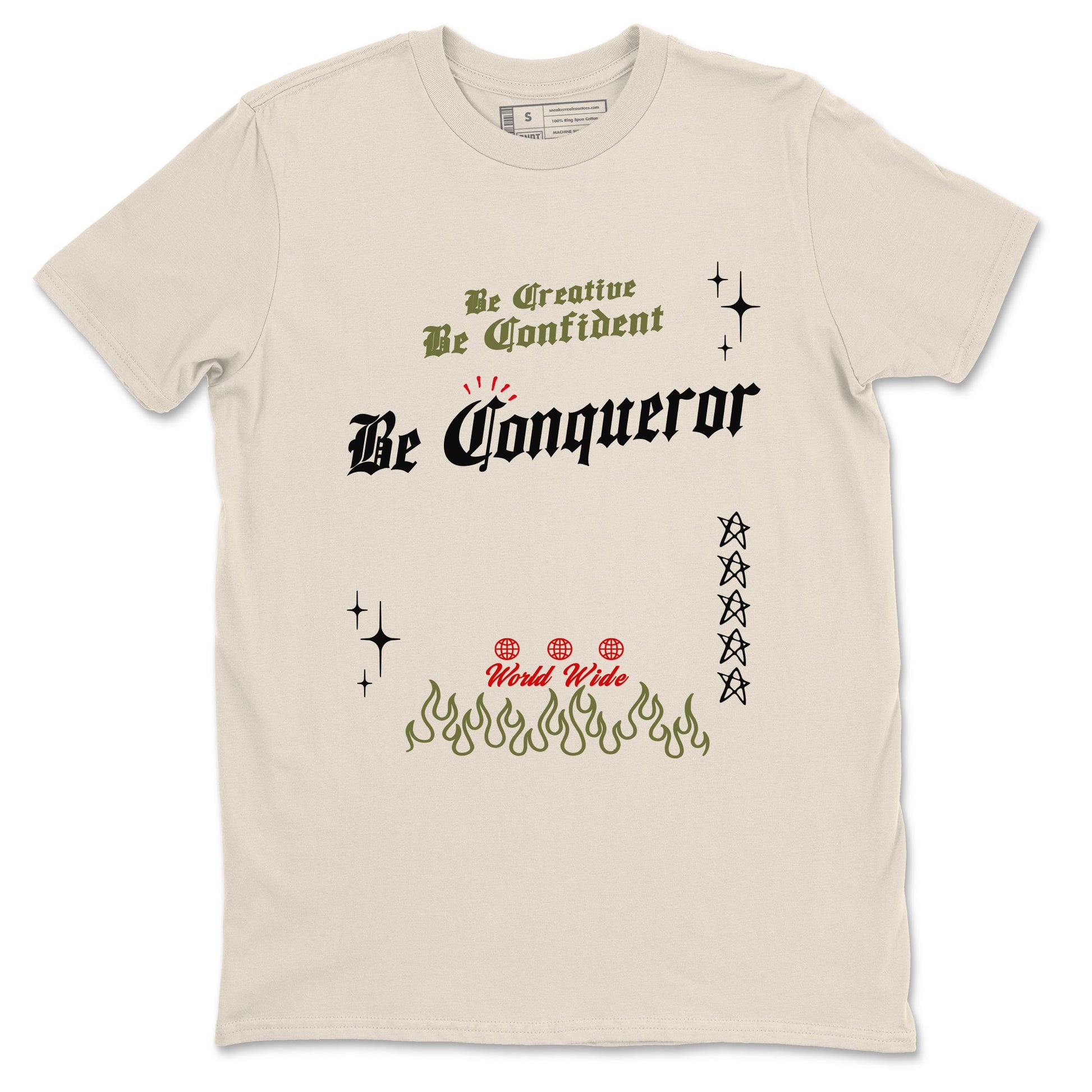 1s Travis Scott Medium Olive shirts to match jordans Be Conqueror sneaker match tees Air Jordan 1 Travis Scott Medium Olive match shoes to clothes SNRT Sneaker Tees unisex cotton Natural 2 shirts