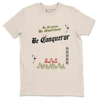 1s Travis Scott Medium Olive shirts to match jordans Be Conqueror sneaker match tees Air Jordan 1 Travis Scott Medium Olive match shoes to clothes SNRT Sneaker Tees unisex cotton Natural 2 shirts