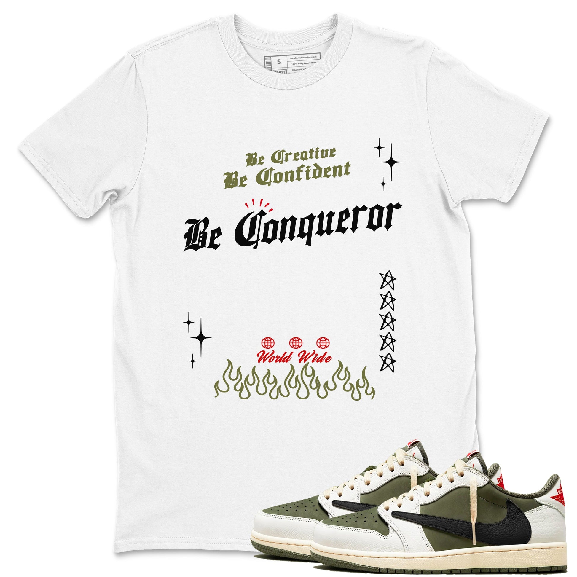1s Travis Scott Medium Olive shirts to match jordans Be Conqueror sneaker match tees Air Jordan 1 Travis Scott Medium Olive match shoes to clothes SNRT Sneaker Tees unisex cotton White 1 shirts