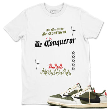 1s Travis Scott Medium Olive shirts to match jordans Be Conqueror sneaker match tees Air Jordan 1 Travis Scott Medium Olive match shoes to clothes SNRT Sneaker Tees unisex cotton White 1 shirts