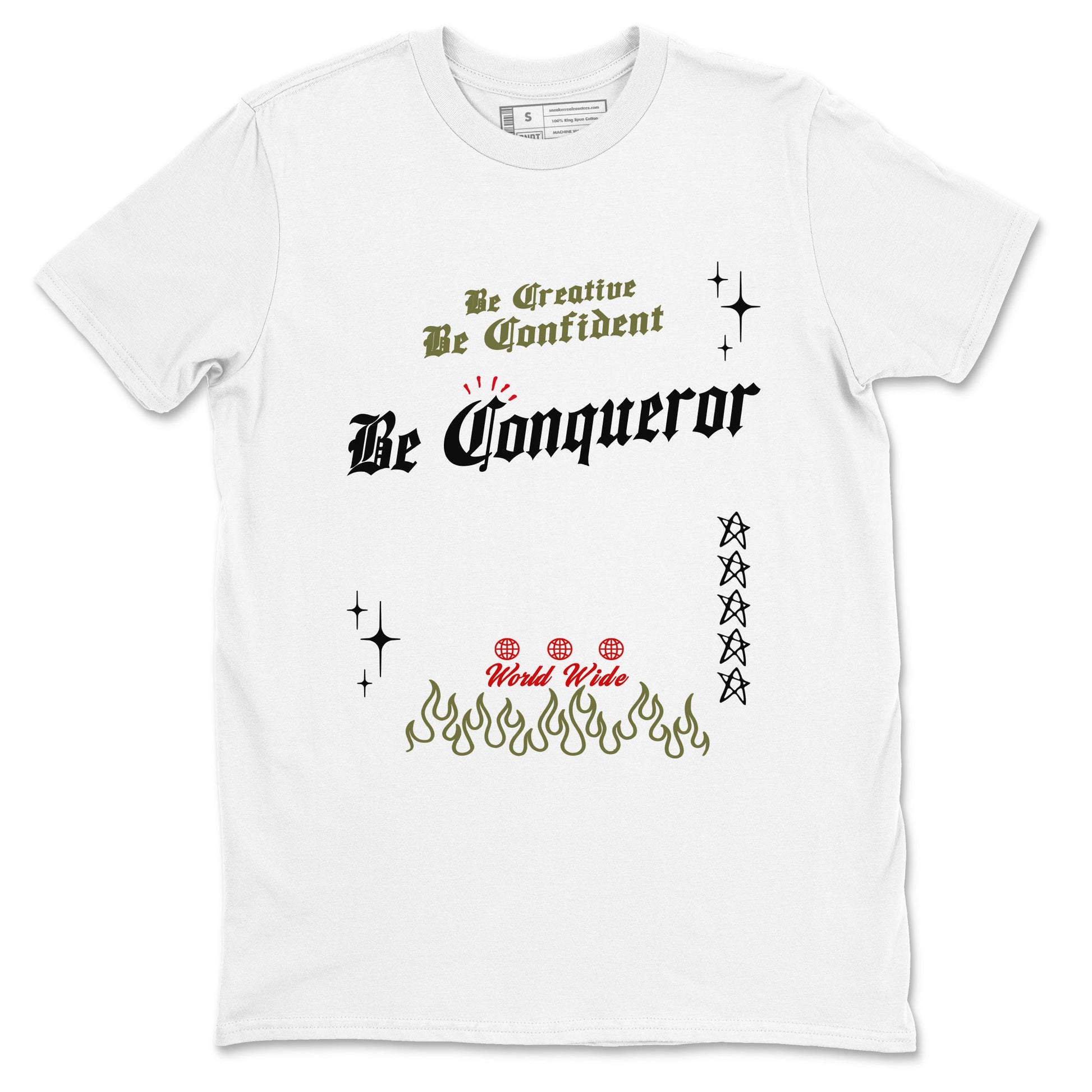 1s Travis Scott Medium Olive shirts to match jordans Be Conqueror sneaker match tees Air Jordan 1 Travis Scott Medium Olive match shoes to clothes SNRT Sneaker Tees unisex cotton White 2 shirts