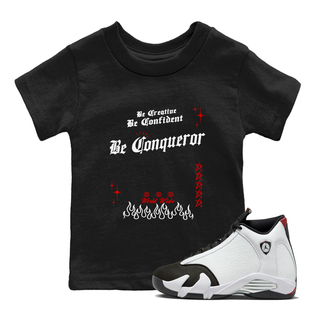 14s Black Toe t shirts to match sneakers Be Conqueror sneaker match tees Air Jordan 14 Black Toe shirt SNRT Sneaker Tees Youth Baby Black 1 tee
