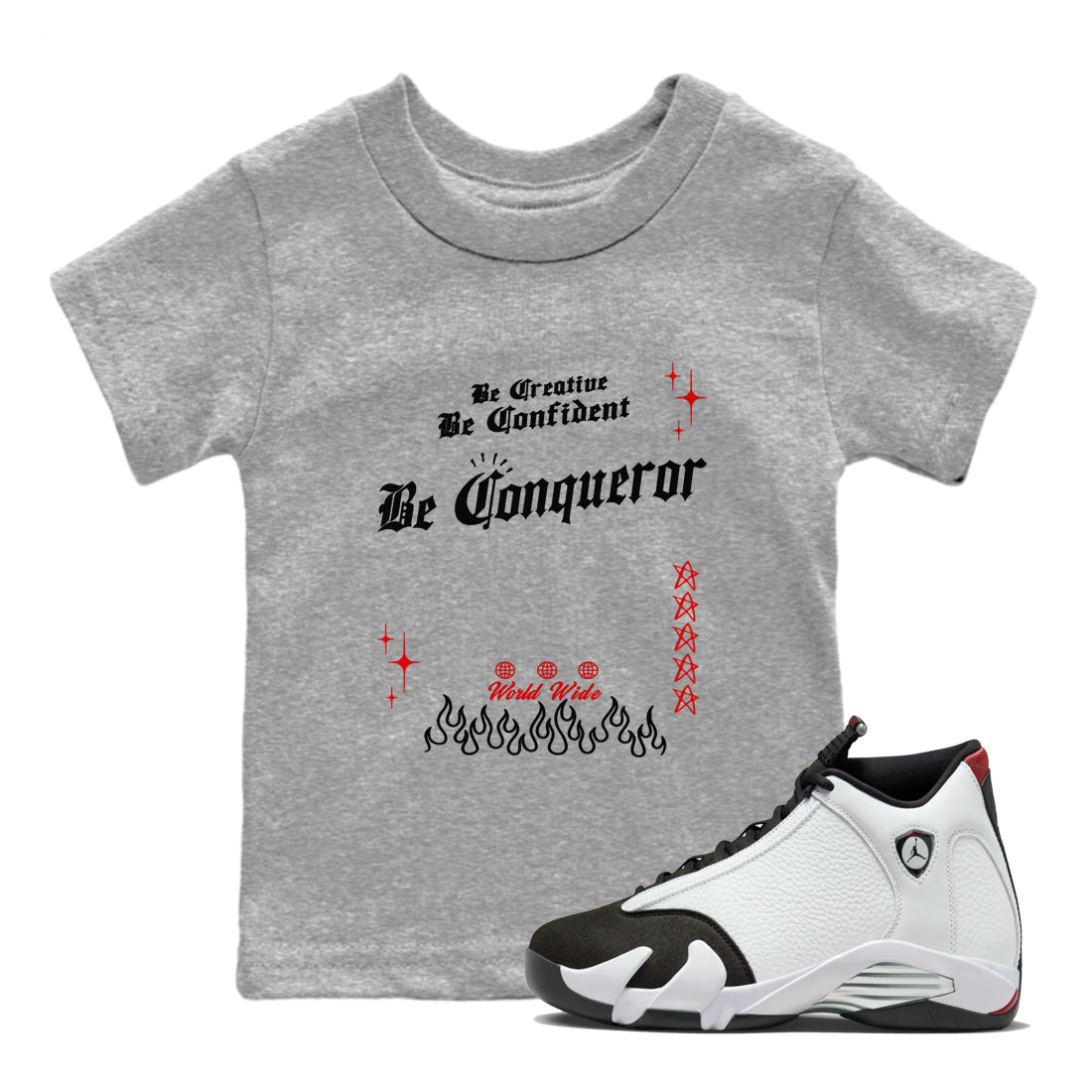 14s Black Toe t shirts to match sneakers Be Conqueror sneaker match tees Air Jordan 14 Black Toe shirt SNRT Sneaker Tees Youth Baby Heather Grey 1 tee