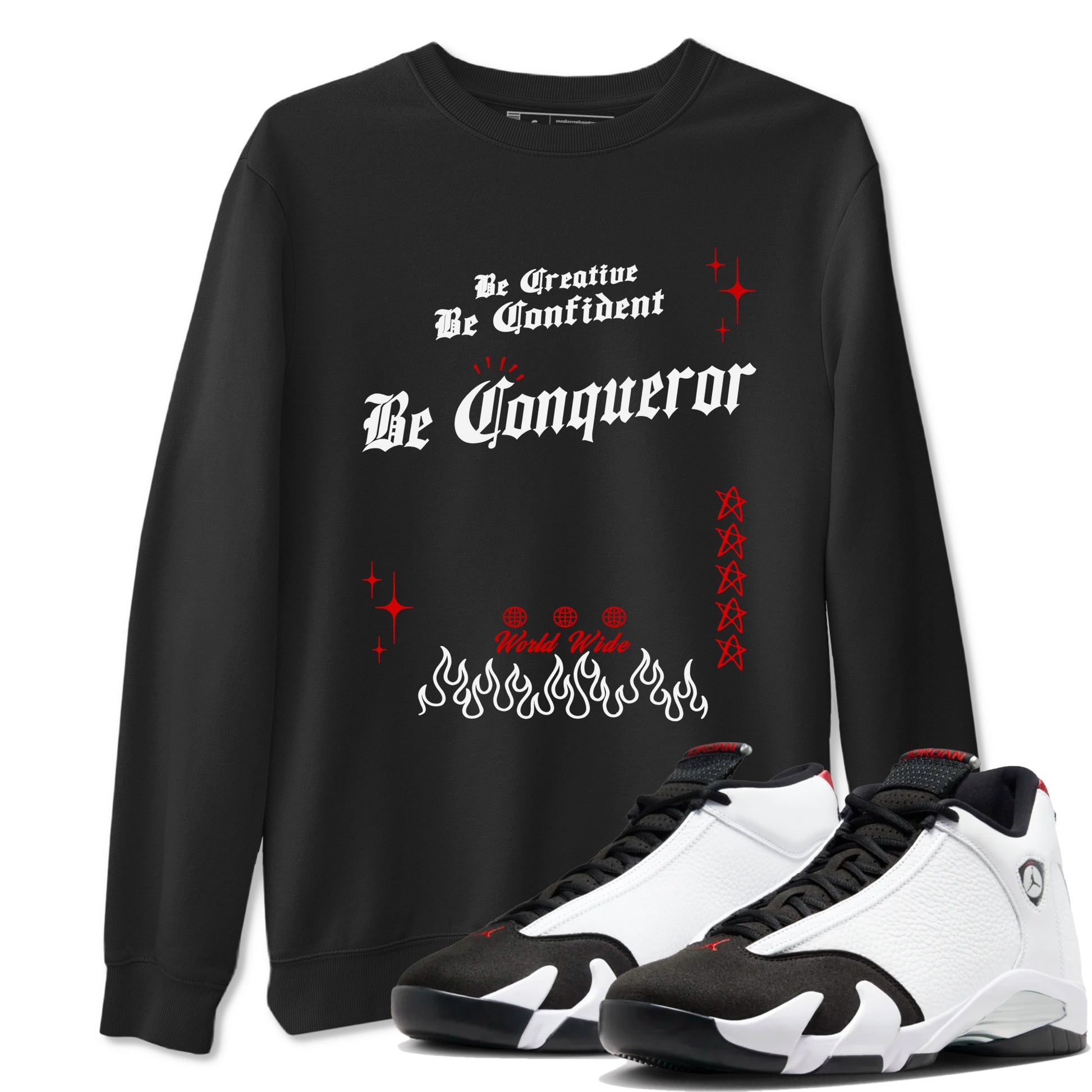14s Black Toe t shirts to match sneakers Be Conqueror sneaker match tees Air Jordan 14 Black Toe shirt SNRT Sneaker Tees unisex cotton Black 1 shirts