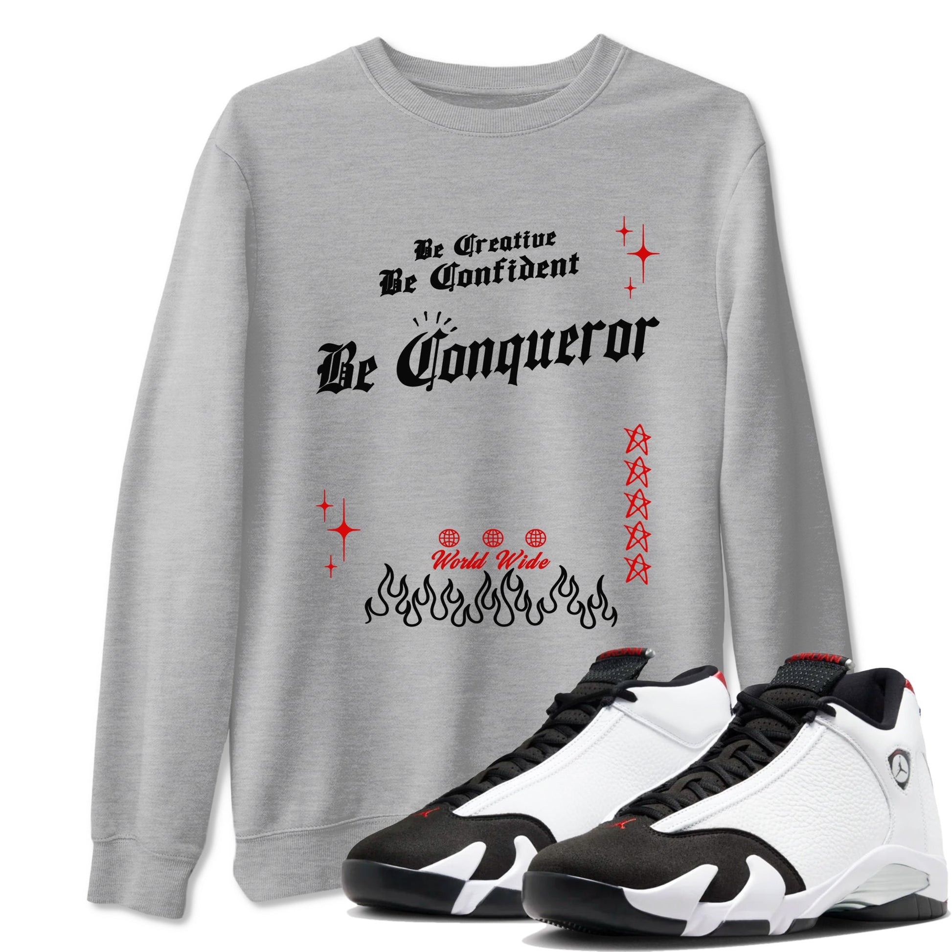 14s Black Toe t shirts to match sneakers Be Conqueror sneaker match tees Air Jordan 14 Black Toe shirt SNRT Sneaker Tees unisex cotton Heather Grey 1 shirts