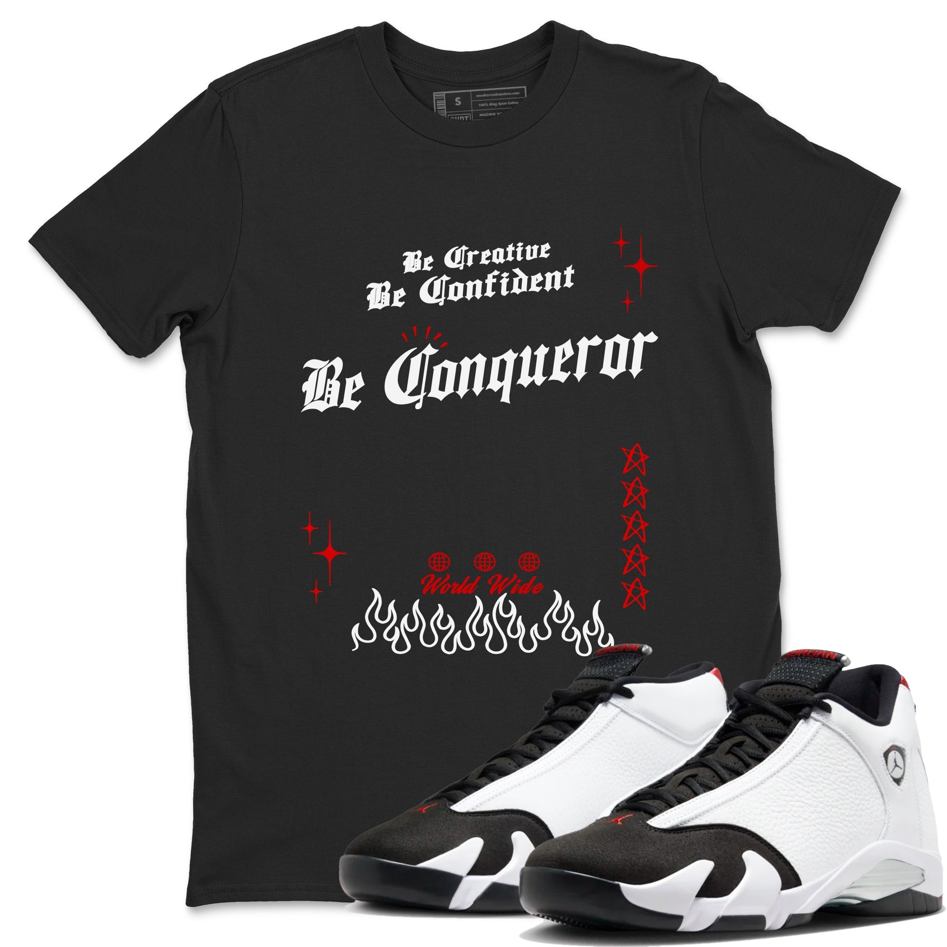 14s Black Toe t shirts to match sneakers Be Conqueror sneaker match tees Air Jordan 14 Black Toe shirt SNRT Sneaker Tees unisex cotton Black 1 shirts