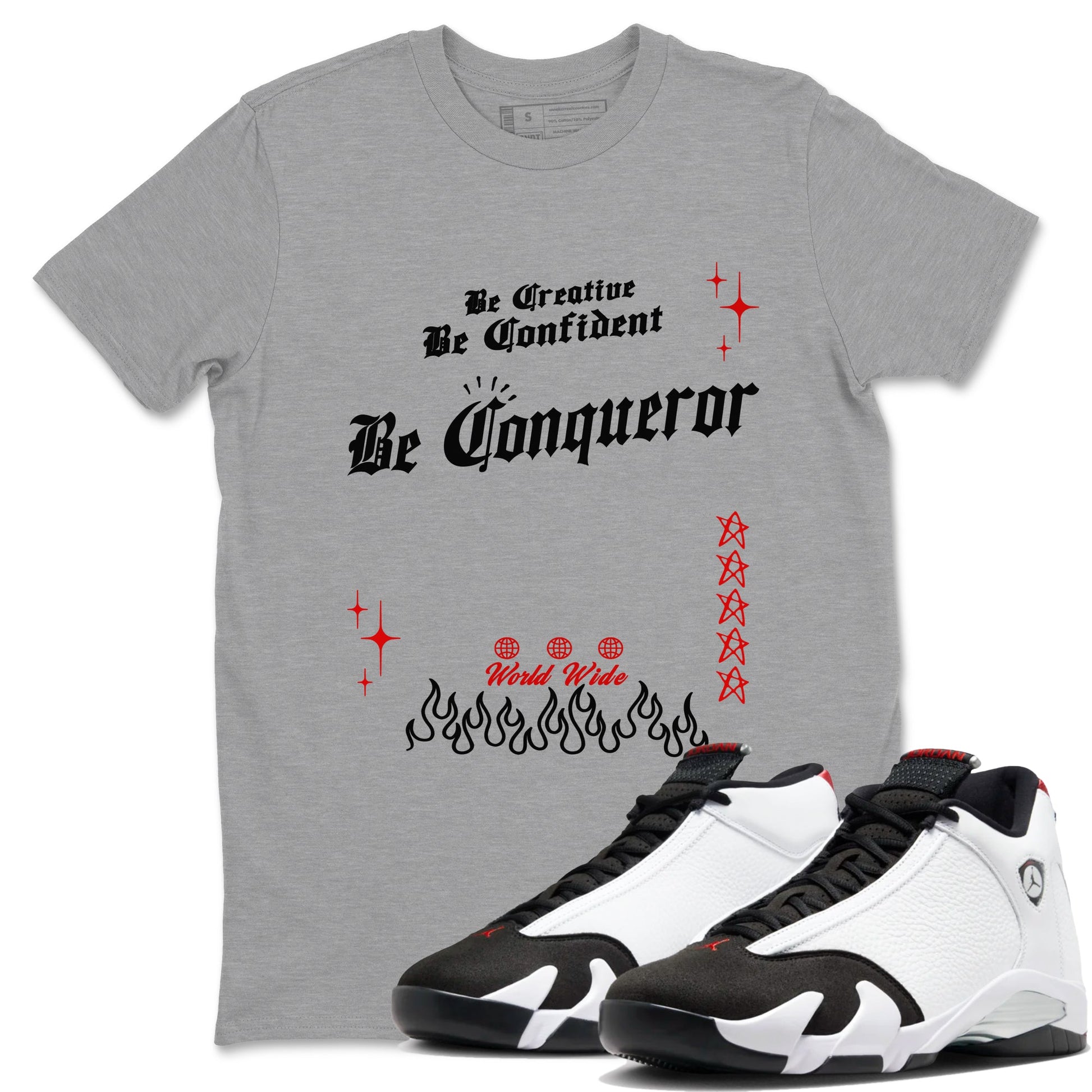 14s Black Toe t shirts to match sneakers Be Conqueror sneaker match tees Air Jordan 14 Black Toe shirt SNRT Sneaker Tees unisex cotton Heather Grey 1 shirts