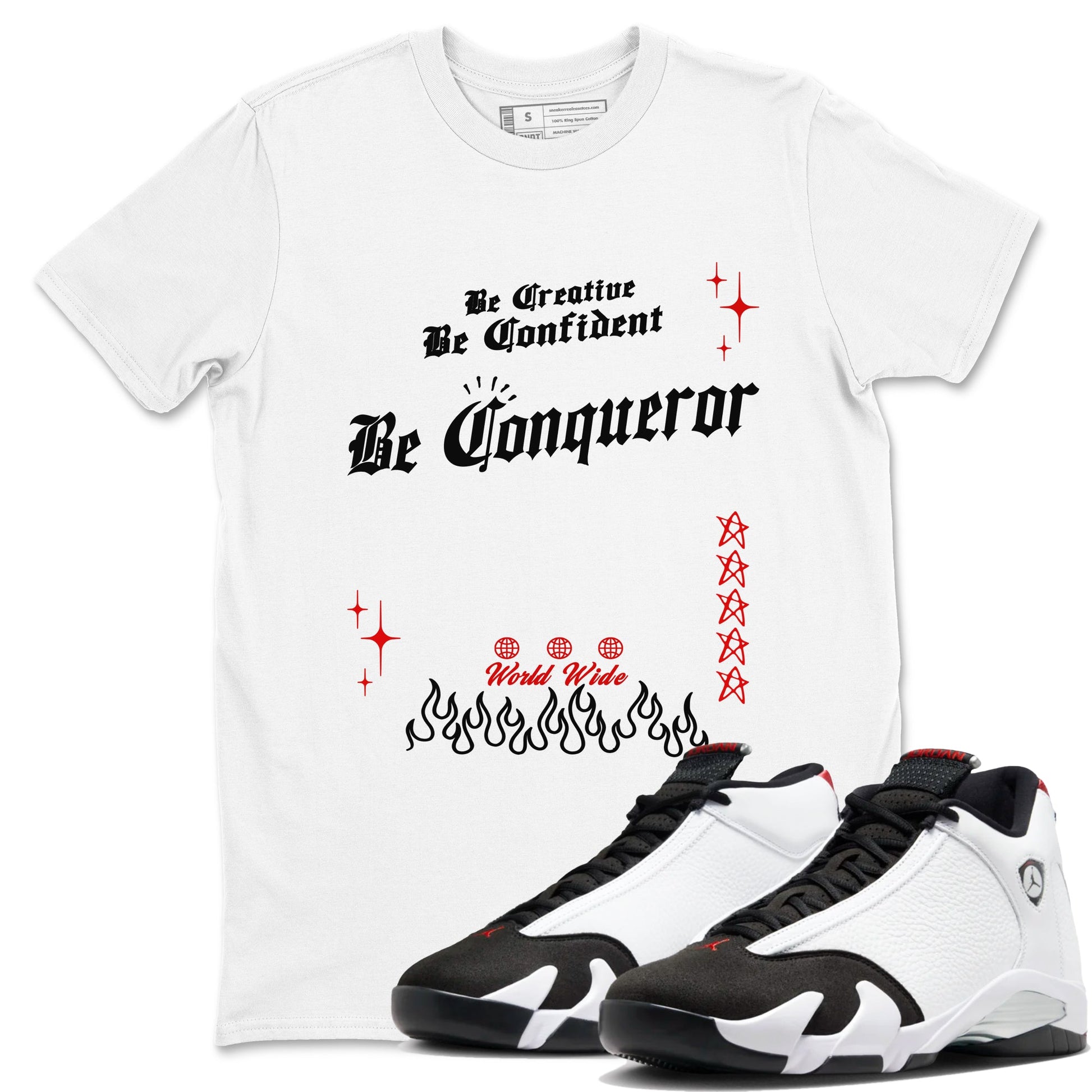 14s Black Toe t shirts to match sneakers Be Conqueror sneaker match tees Air Jordan 14 Black Toe shirt SNRT Sneaker Tees unisex cotton White 1 shirts