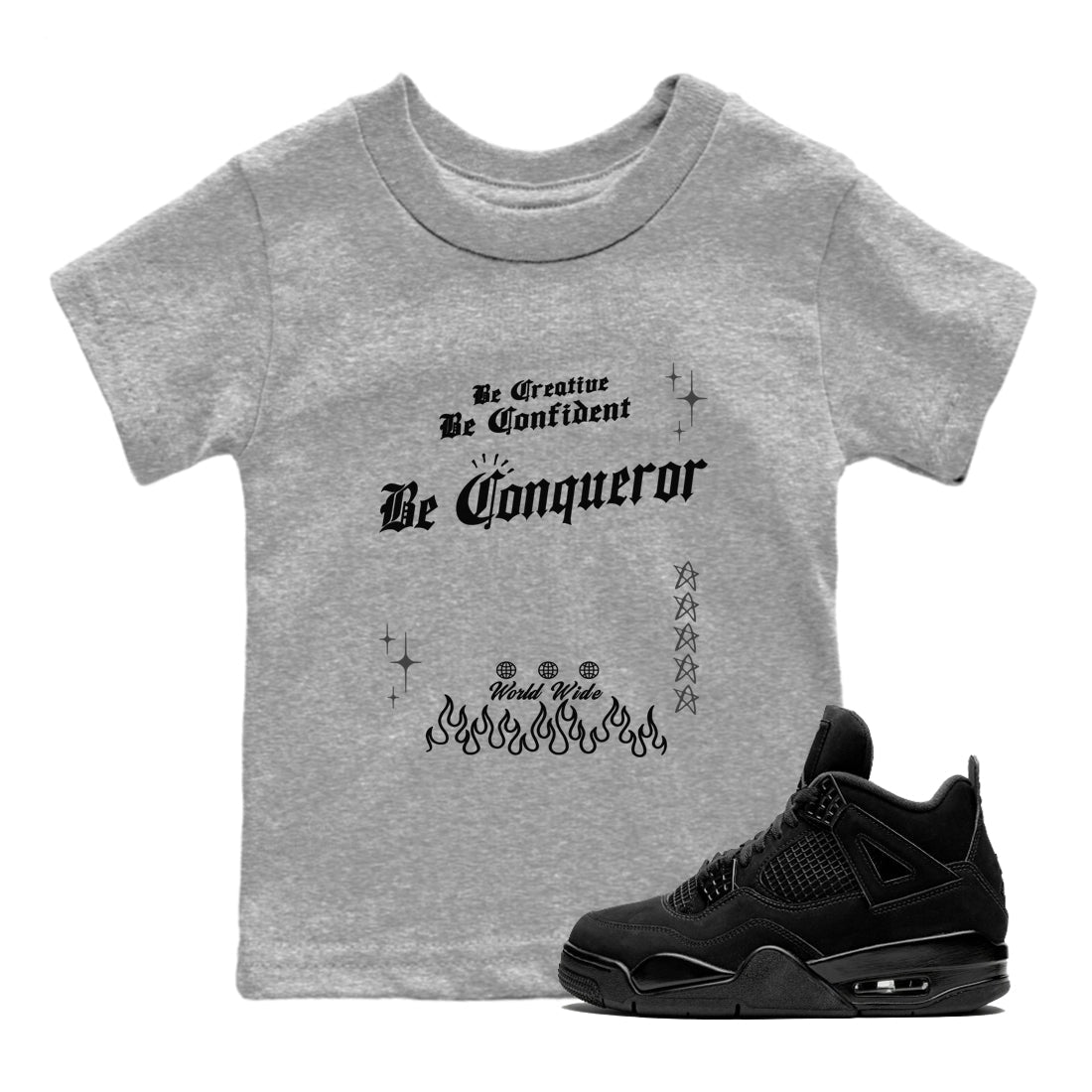 4s Black Cat shirts to match jordans Be Conqueror sneaker match tees Air Jordan 4 Black Cat match shoes to clothes SNRT Sneaker Tees Youth Baby Heather Grey 1 tee