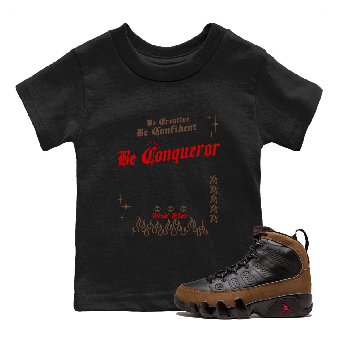9s Olive shirts to match jordans Be Conqueror sneaker match tees Air Jordan 9 Olive match shoes to clothes SNRT Sneaker Tees Youth Baby Black 1 tee