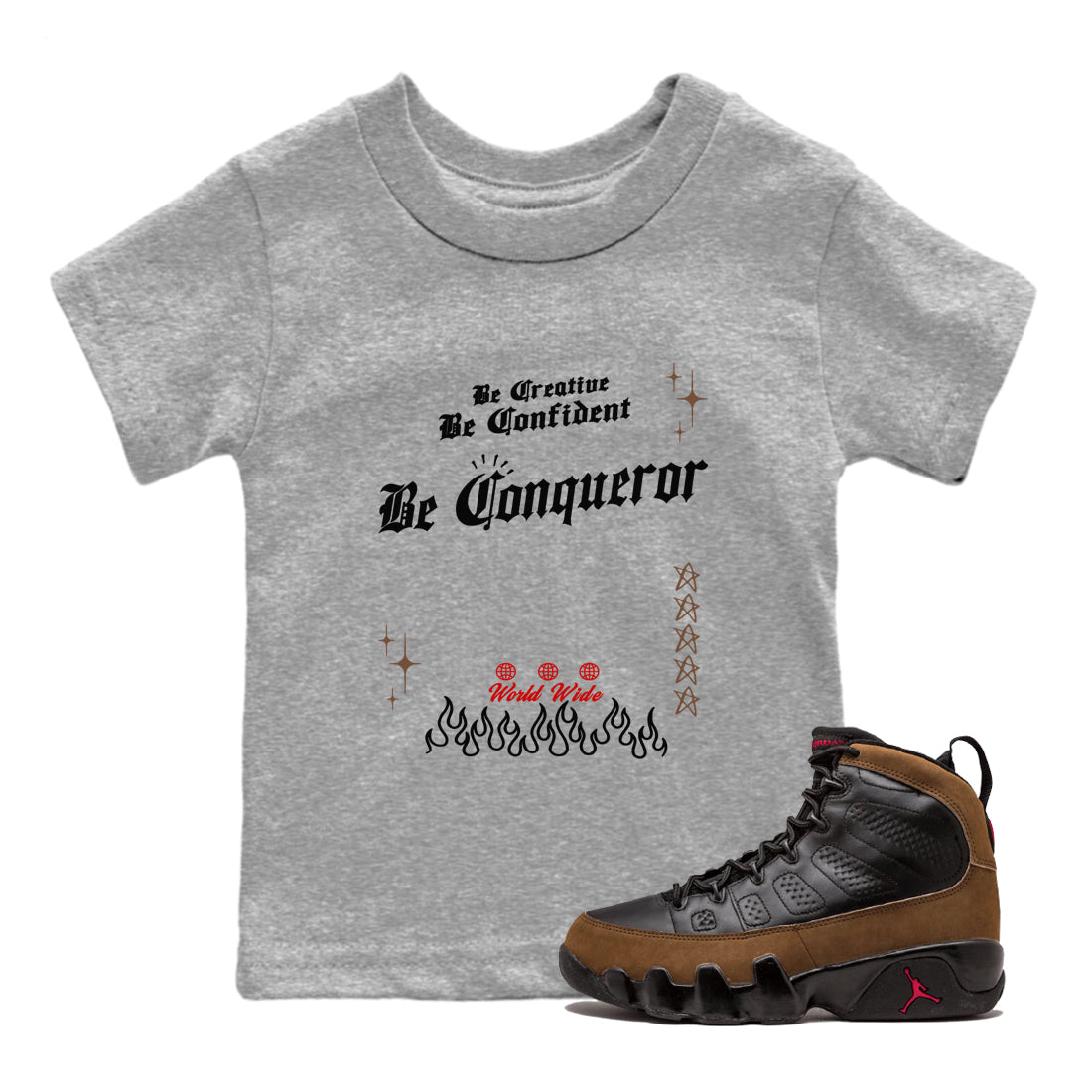 9s Olive shirts to match jordans Be Conqueror sneaker match tees Air Jordan 9 Olive match shoes to clothes SNRT Sneaker Tees Youth Baby Heather Grey 1 tee