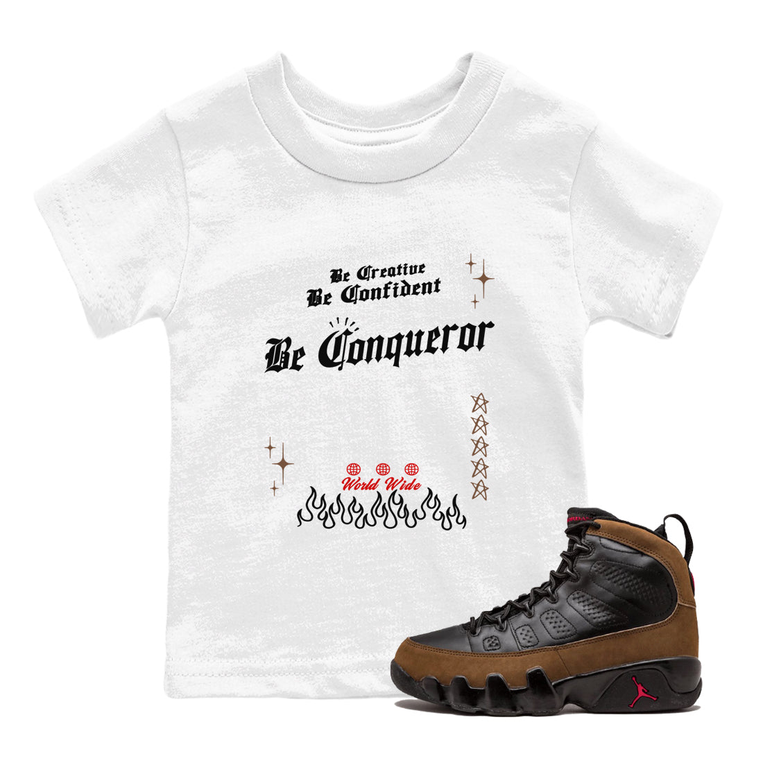 9s Olive shirts to match jordans Be Conqueror sneaker match tees Air Jordan 9 Olive match shoes to clothes SNRT Sneaker Tees Youth Baby White 1 tee