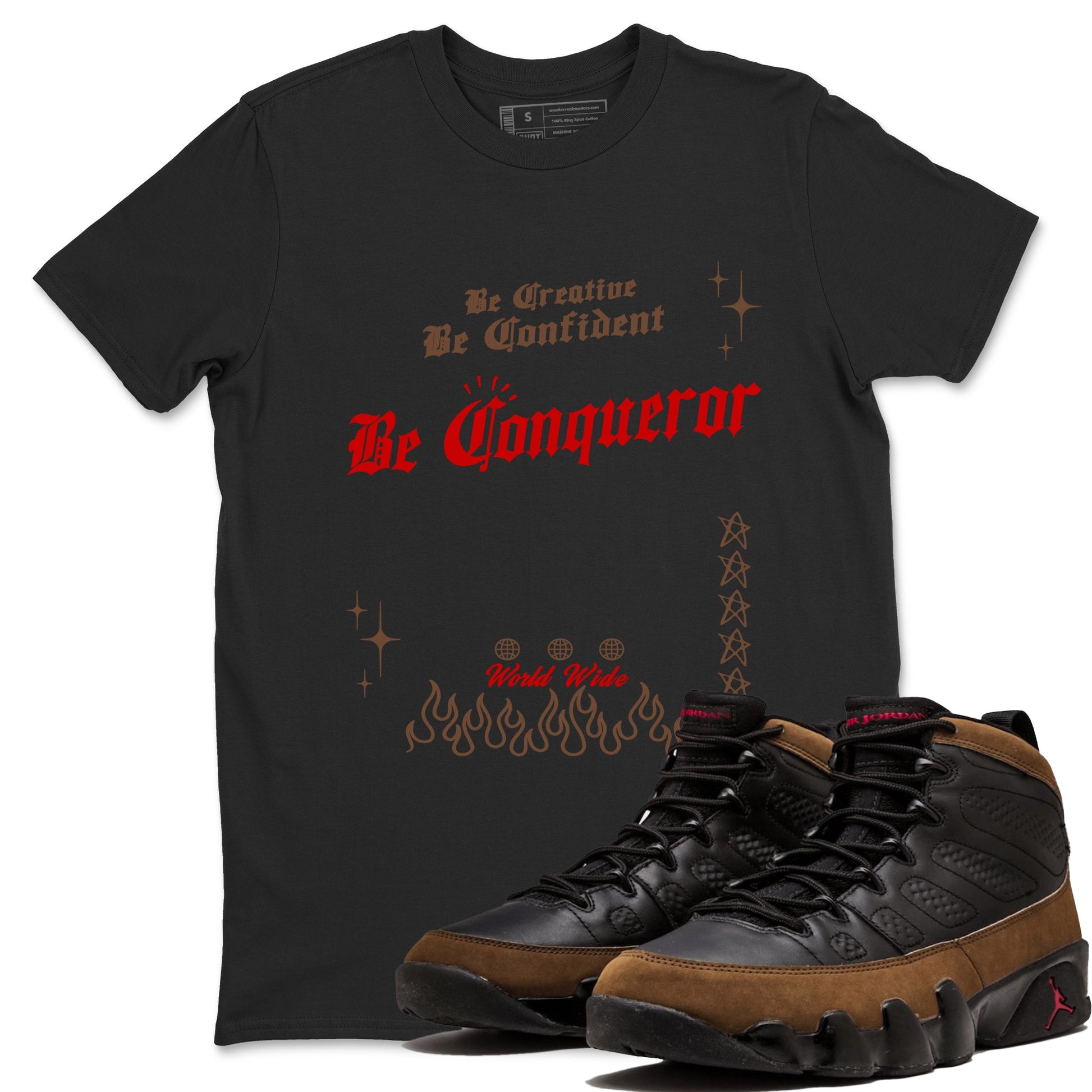 9s Olive shirts to match jordans Be Conqueror sneaker match tees Air Jordan 9 Olive match shoes to clothes SNRT Sneaker Tees unisex cotton Black 1 shirts