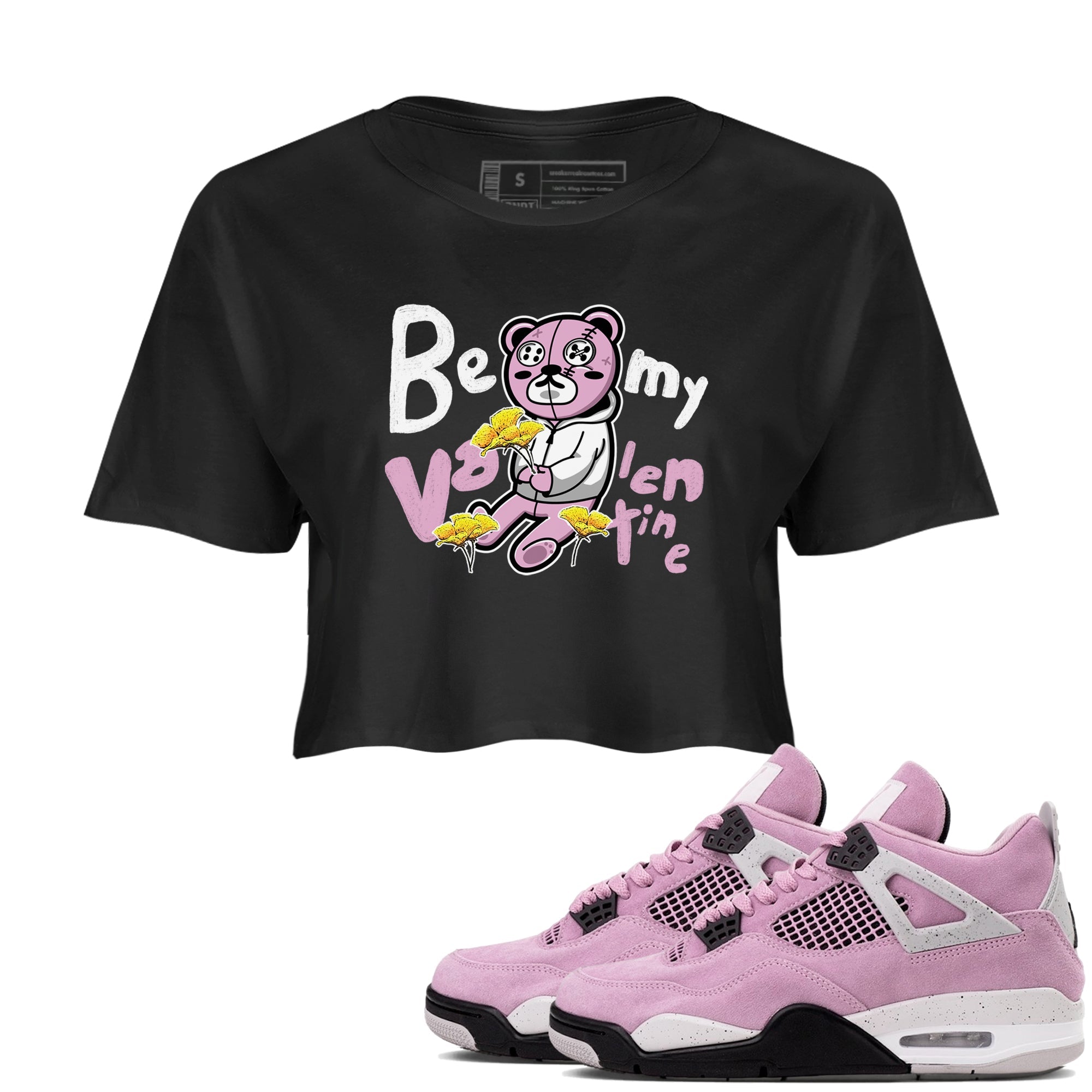 4s Retro Orchid shirts to match jordans Be my Valentine sneaker match tees Air Jordan 4 WMNS Orchid match shoes to clothes SNRT Sneaker Tees unisex cotton Black 1 crop tee