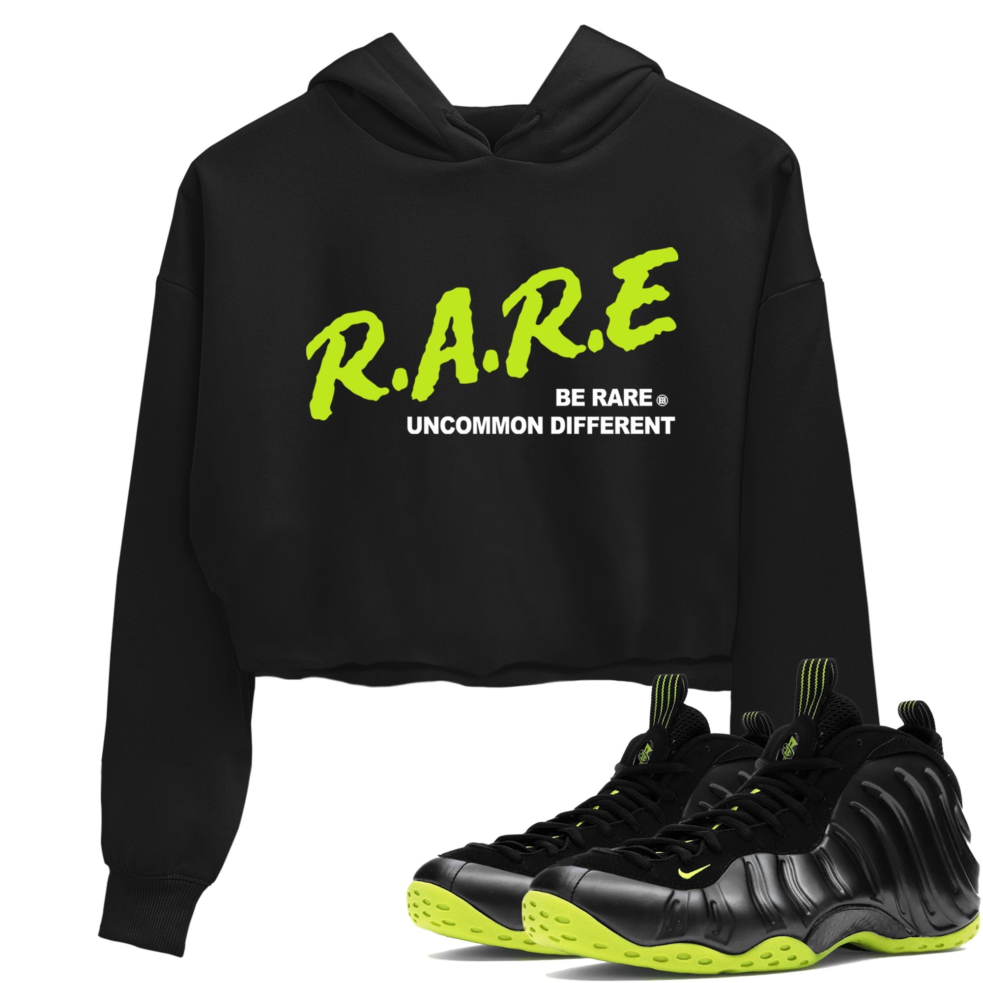 Foams One Black Volt shirts to match jordans Be Rare Uncommon Different sneaker match tees Air Foamposite One Black and Volt match shoes to clothes SNRT Sneaker Tees unisex cotton Black 1 crop tee