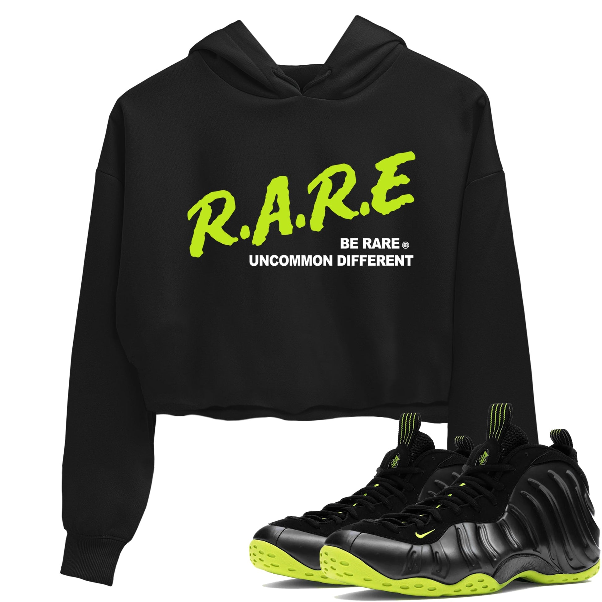 Foams One Black Volt shirts to match jordans Be Rare Uncommon Different sneaker match tees Air Foamposite One Black and Volt match shoes to clothes SNRT Sneaker Tees unisex cotton Black 1 crop tee