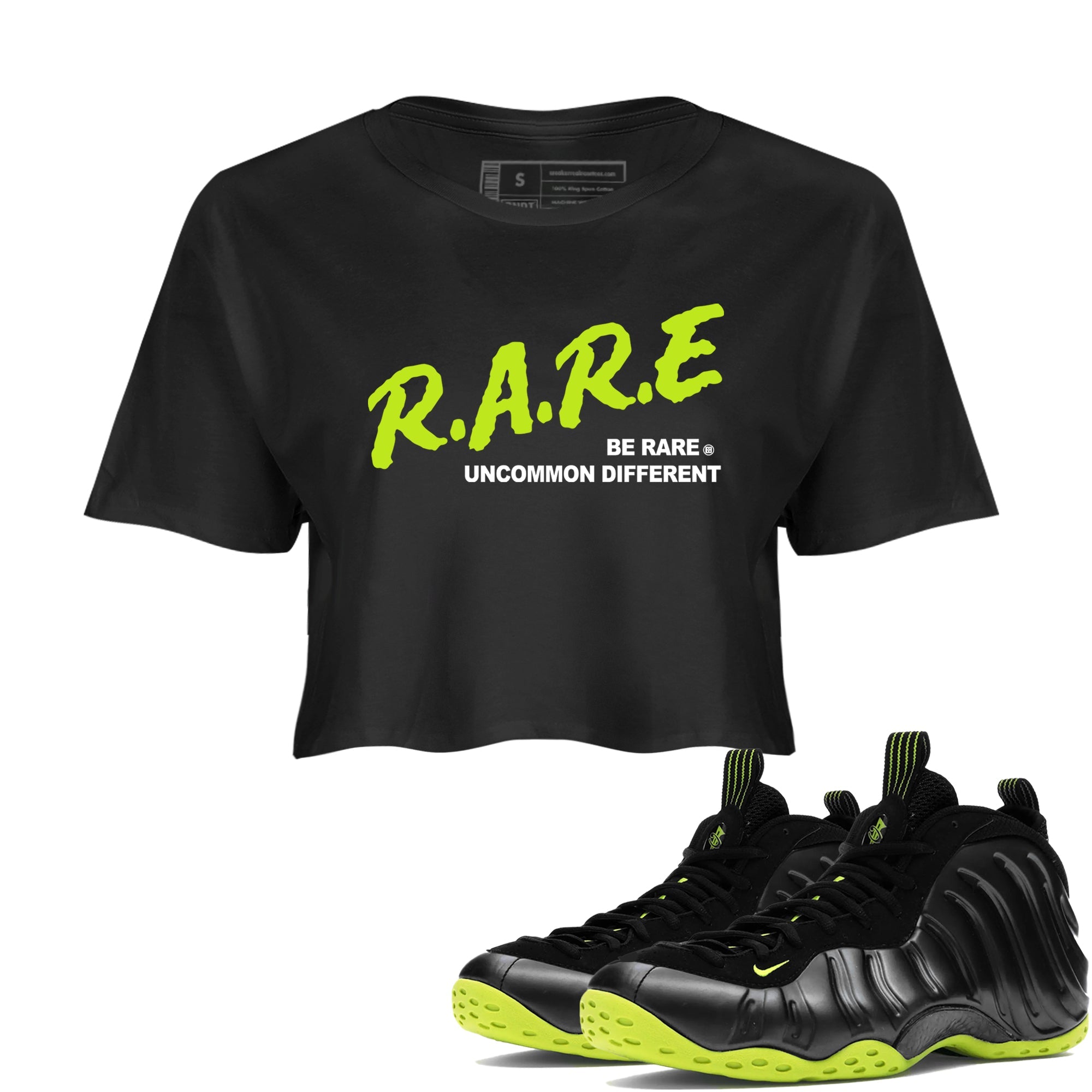 Foams One Black Volt shirts to match jordans Be Rare Uncommon Different sneaker match tees Air Foamposite One Black and Volt match shoes to clothes SNRT Sneaker Tees unisex cotton Black 1 crop tee