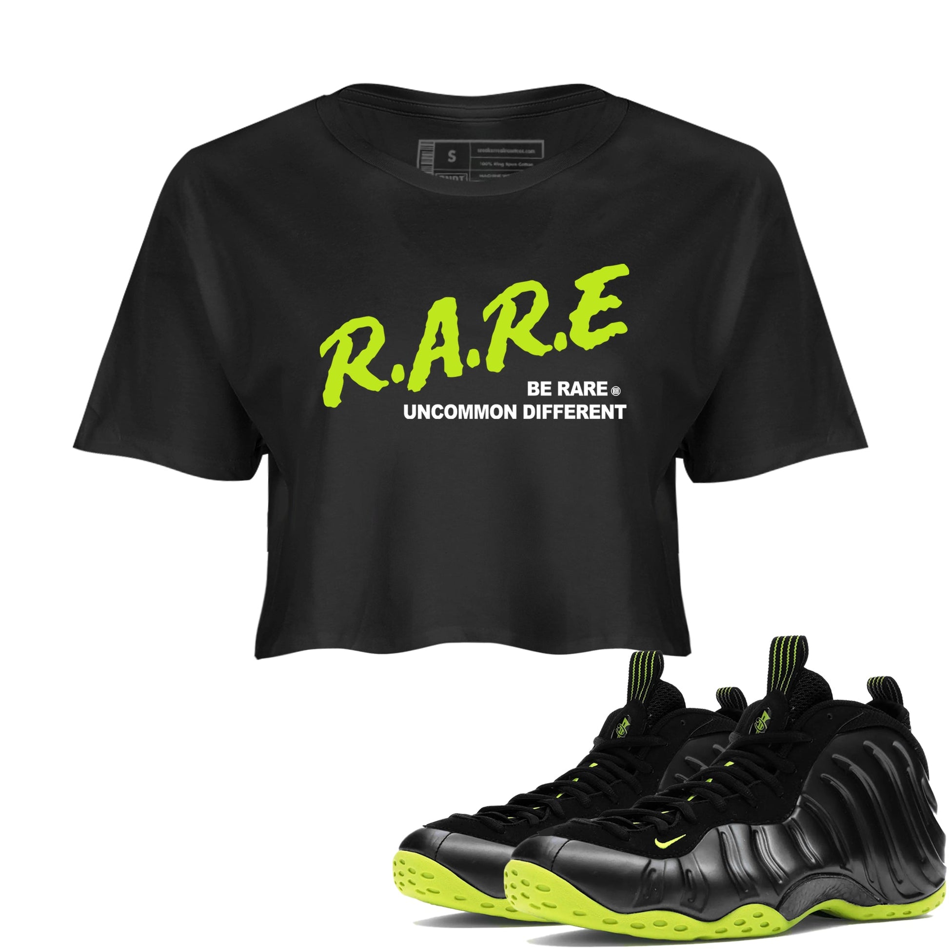 Foams One Black Volt shirts to match jordans Be Rare Uncommon Different sneaker match tees Air Foamposite One Black and Volt match shoes to clothes SNRT Sneaker Tees unisex cotton Black 1 crop tee