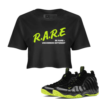 Foams One Black Volt shirts to match jordans Be Rare Uncommon Different sneaker match tees Air Foamposite One Black and Volt match shoes to clothes SNRT Sneaker Tees unisex cotton Black 1 crop tee
