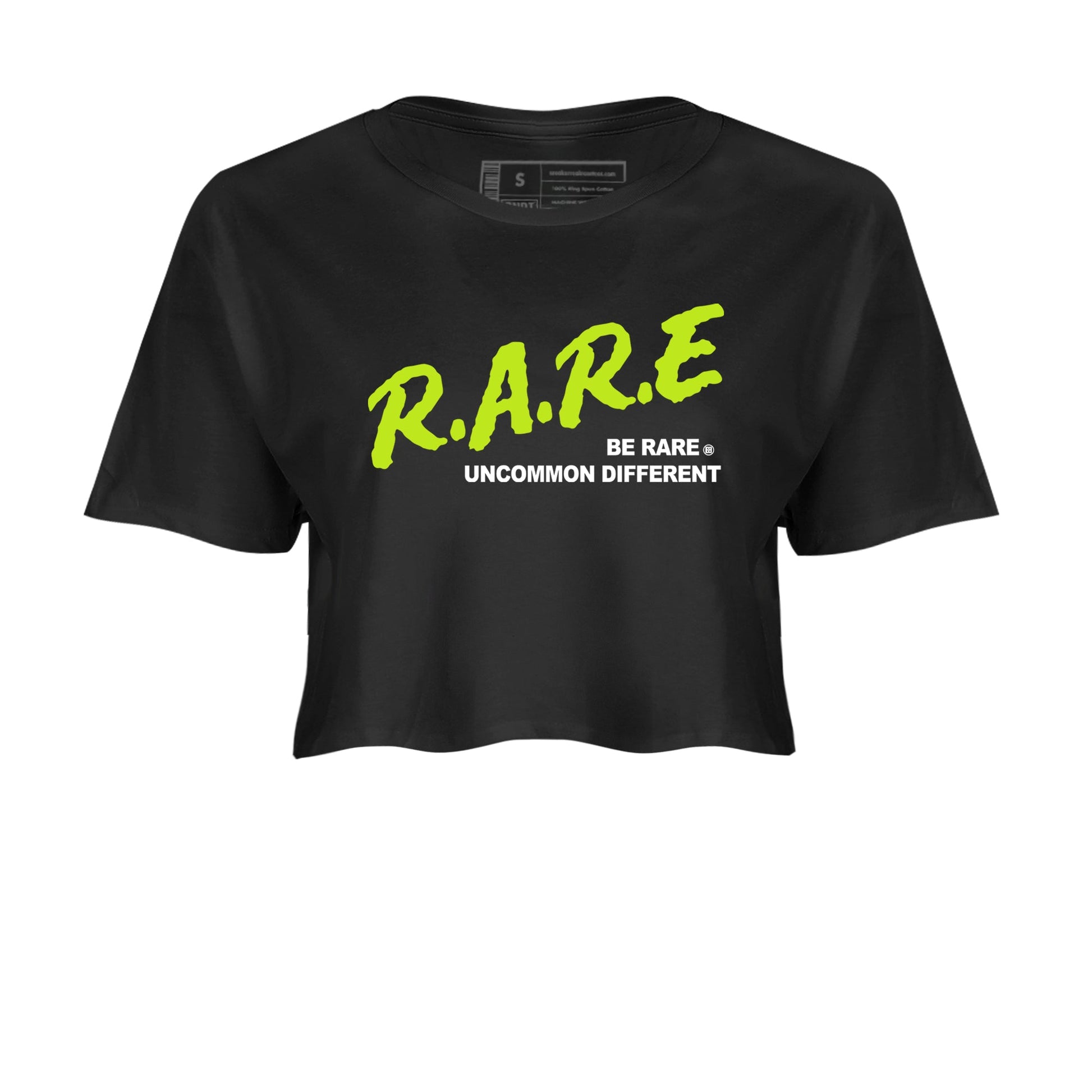 Foams One Black Volt shirts to match jordans Be Rare Uncommon Different sneaker match tees Air Foamposite One Black and Volt match shoes to clothes SNRT Sneaker Tees unisex cotton Black 2 crop tee