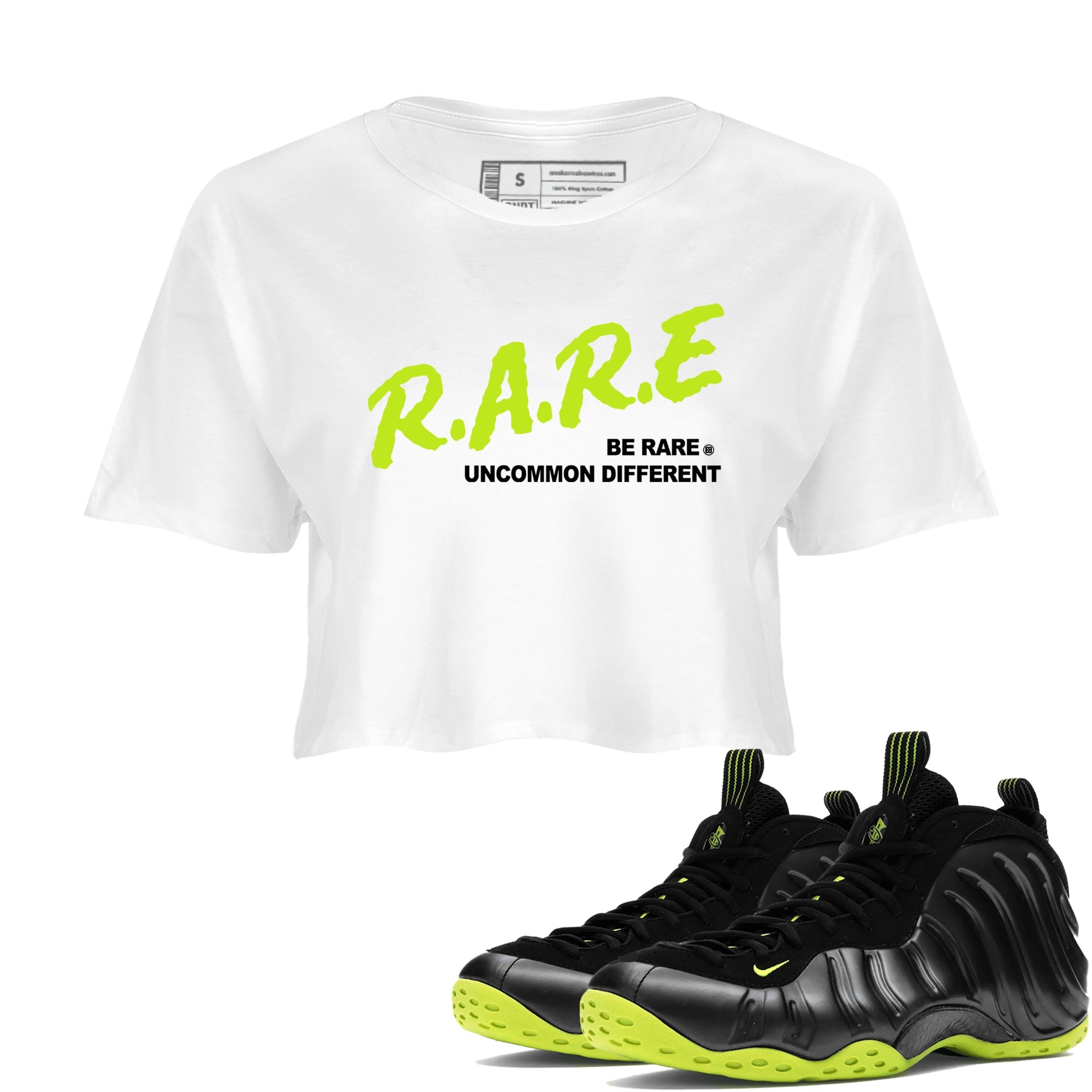 Foams One Black Volt shirts to match jordans Be Rare Uncommon Different sneaker match tees Air Foamposite One Black and Volt match shoes to clothes SNRT Sneaker Tees unisex cotton White 1 crop tee