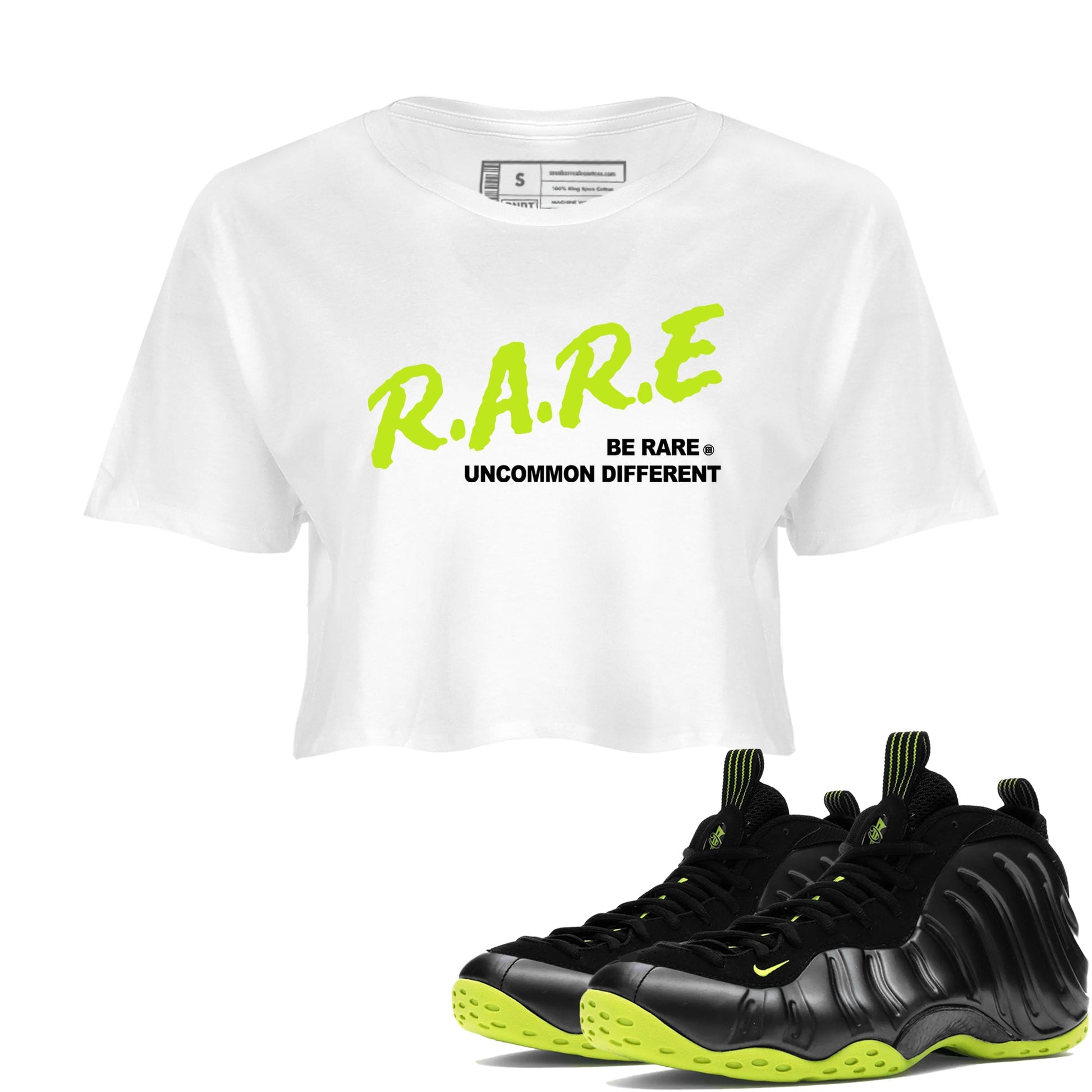 Foams One Black Volt shirts to match jordans Be Rare Uncommon Different sneaker match tees Air Foamposite One Black and Volt match shoes to clothes SNRT Sneaker Tees unisex cotton White 1 crop tee
