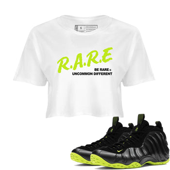 Foams One Black Volt shirts to match jordans Be Rare Uncommon Different sneaker match tees Air Foamposite One Black and Volt match shoes to clothes SNRT Sneaker Tees unisex cotton White 1 crop tee