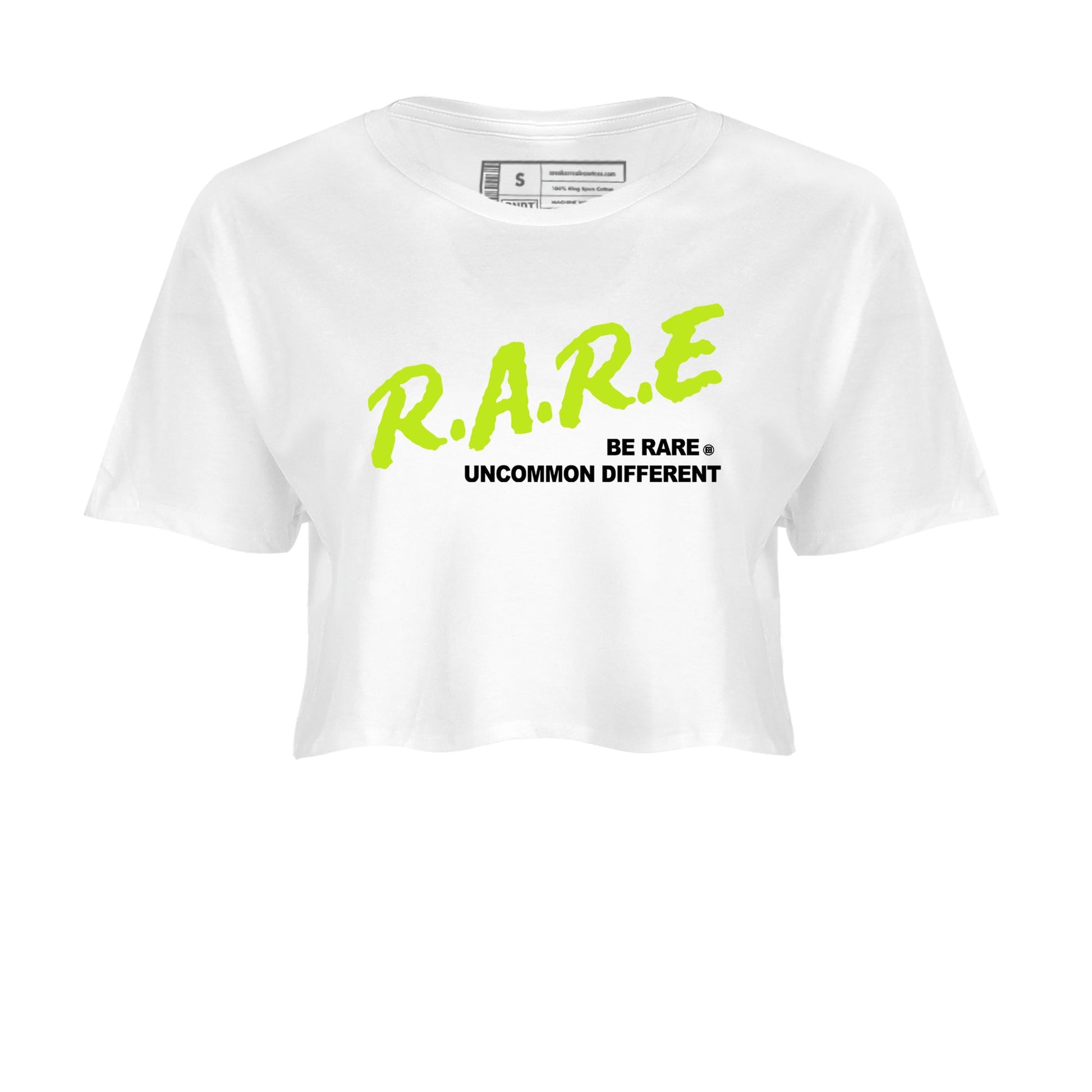Foams One Black Volt shirts to match jordans Be Rare Uncommon Different sneaker match tees Air Foamposite One Black and Volt match shoes to clothes SNRT Sneaker Tees unisex cotton White 2 crop tee