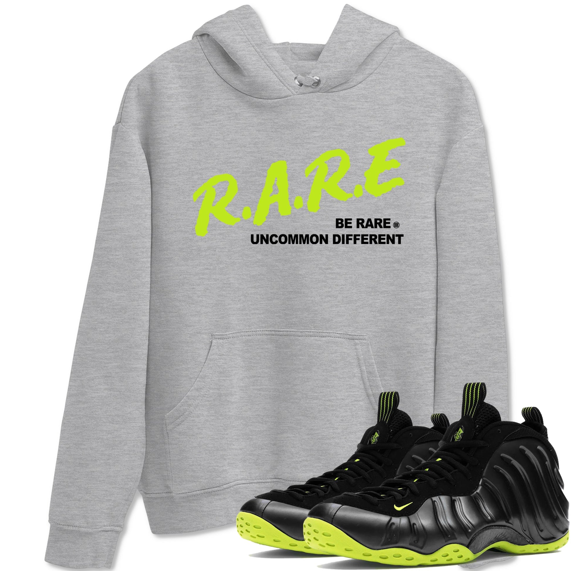 Foams One Black Volt shirts to match jordans Be Rare Uncommon Different sneaker match tees Air Foamposite One Black and Volt match shoes to clothes SNRT Sneaker Tees unisex cotton Heather Grey 1 shirts