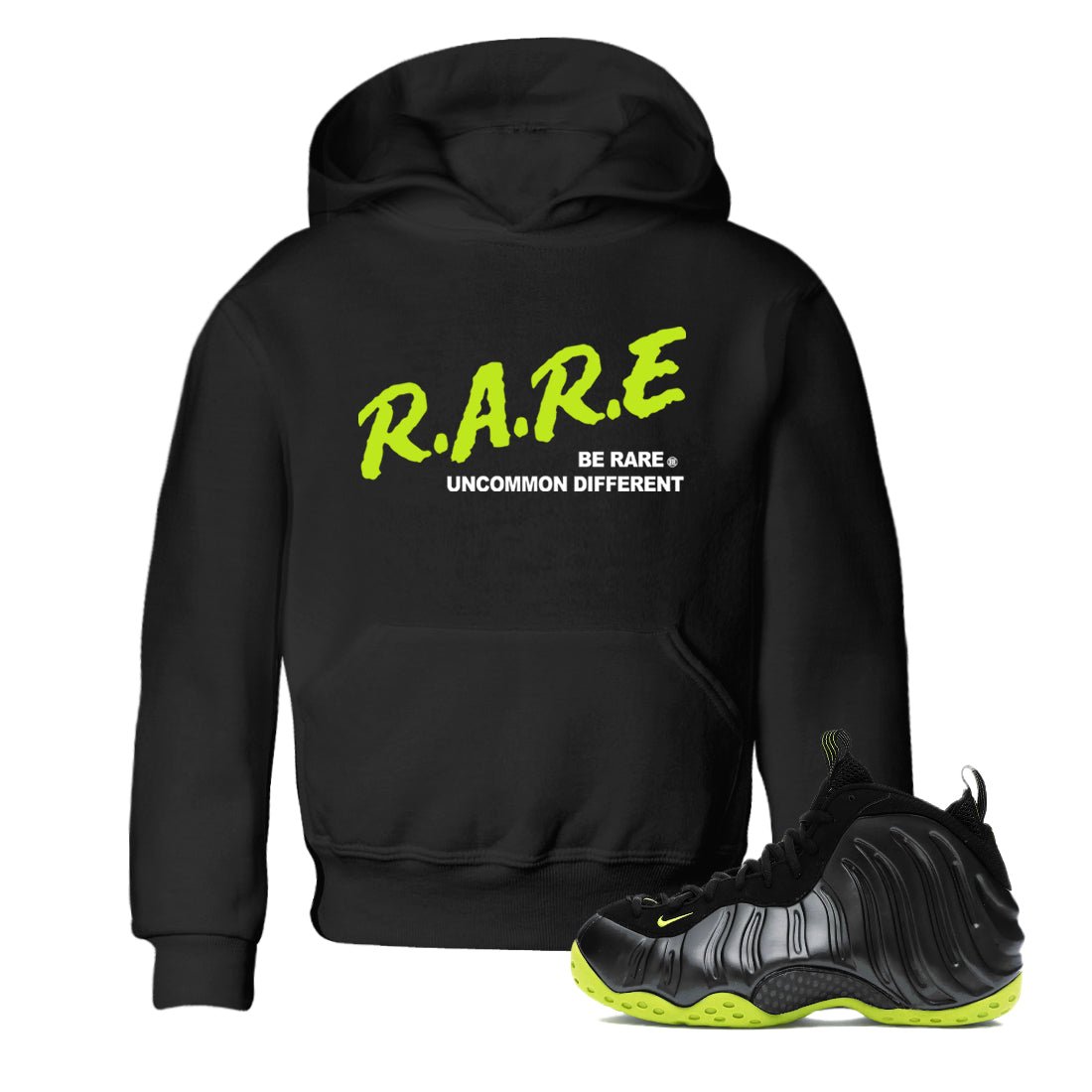 Foams One Black Volt shirts to match jordans Be Rare Uncommon Different sneaker match tees Air Foamposite One Black and Volt match shoes to clothes SNRT Sneaker Tees Youth Baby Black 1 tee