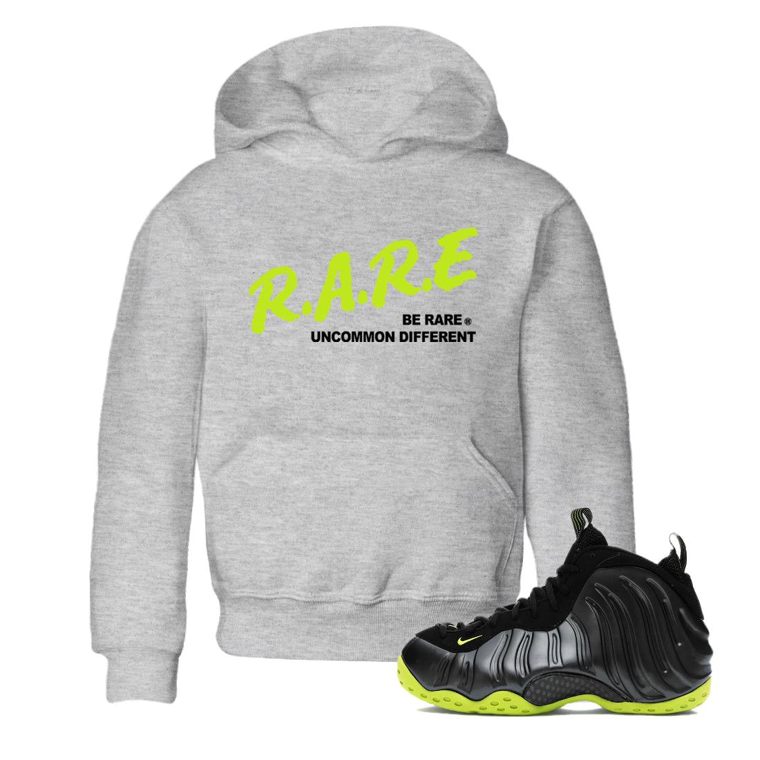 Foams One Black Volt shirts to match jordans Be Rare Uncommon Different sneaker match tees Air Foamposite One Black and Volt match shoes to clothes SNRT Sneaker Tees Youth Baby Heather Grey 1 tee