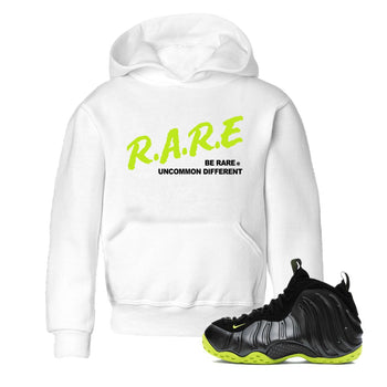 Foams One Black Volt shirts to match jordans Be Rare Uncommon Different sneaker match tees Air Foamposite One Black and Volt match shoes to clothes SNRT Sneaker Tees Youth Baby White 1 tee