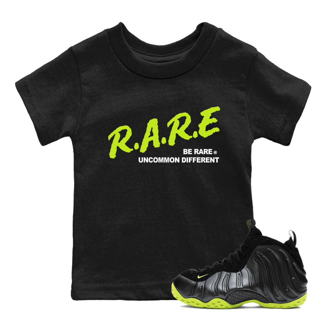 Foams One Black Volt shirts to match jordans Be Rare Uncommon Different sneaker match tees Air Foamposite One Black and Volt match shoes to clothes SNRT Sneaker Tees Youth Baby Black 1 tee