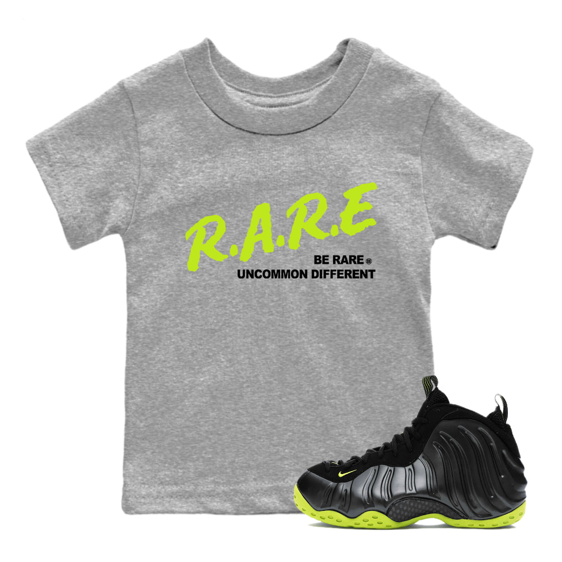 Foams One Black Volt shirts to match jordans Be Rare Uncommon Different sneaker match tees Air Foamposite One Black and Volt match shoes to clothes SNRT Sneaker Tees Youth Baby Heather Grey 1 tee