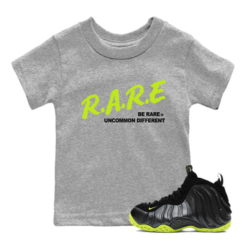 Foams One Black Volt shirts to match jordans Be Rare Uncommon Different sneaker match tees Air Foamposite One Black and Volt match shoes to clothes SNRT Sneaker Tees Youth Baby Heather Grey 1 tee