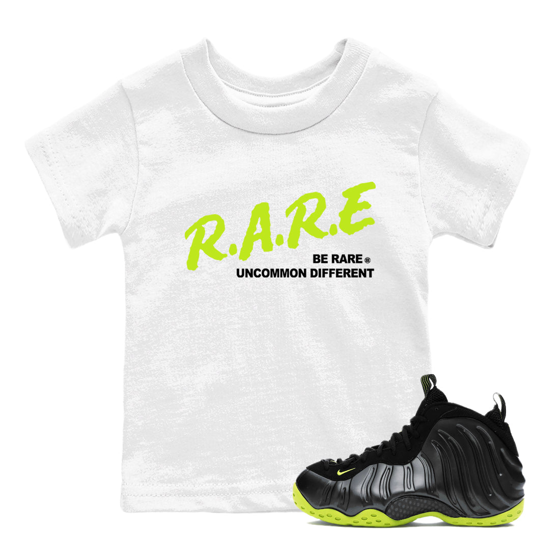 Foams One Black Volt shirts to match jordans Be Rare Uncommon Different sneaker match tees Air Foamposite One Black and Volt match shoes to clothes SNRT Sneaker Tees Youth Baby White 1 tee