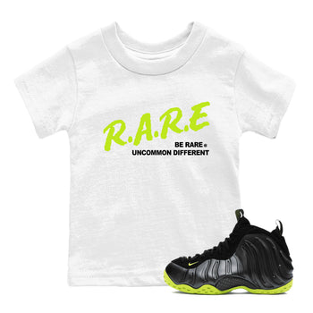 Foams One Black Volt shirts to match jordans Be Rare Uncommon Different sneaker match tees Air Foamposite One Black and Volt match shoes to clothes SNRT Sneaker Tees Youth Baby White 1 tee