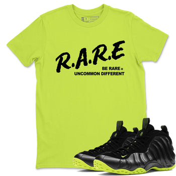 Foams One Black Volt shirts to match jordans Be Rare Uncommon Different sneaker match tees Air Foamposite One Black and Volt match shoes to clothes SNRT Sneaker Tees unisex cotton Safety Green 1 shirts