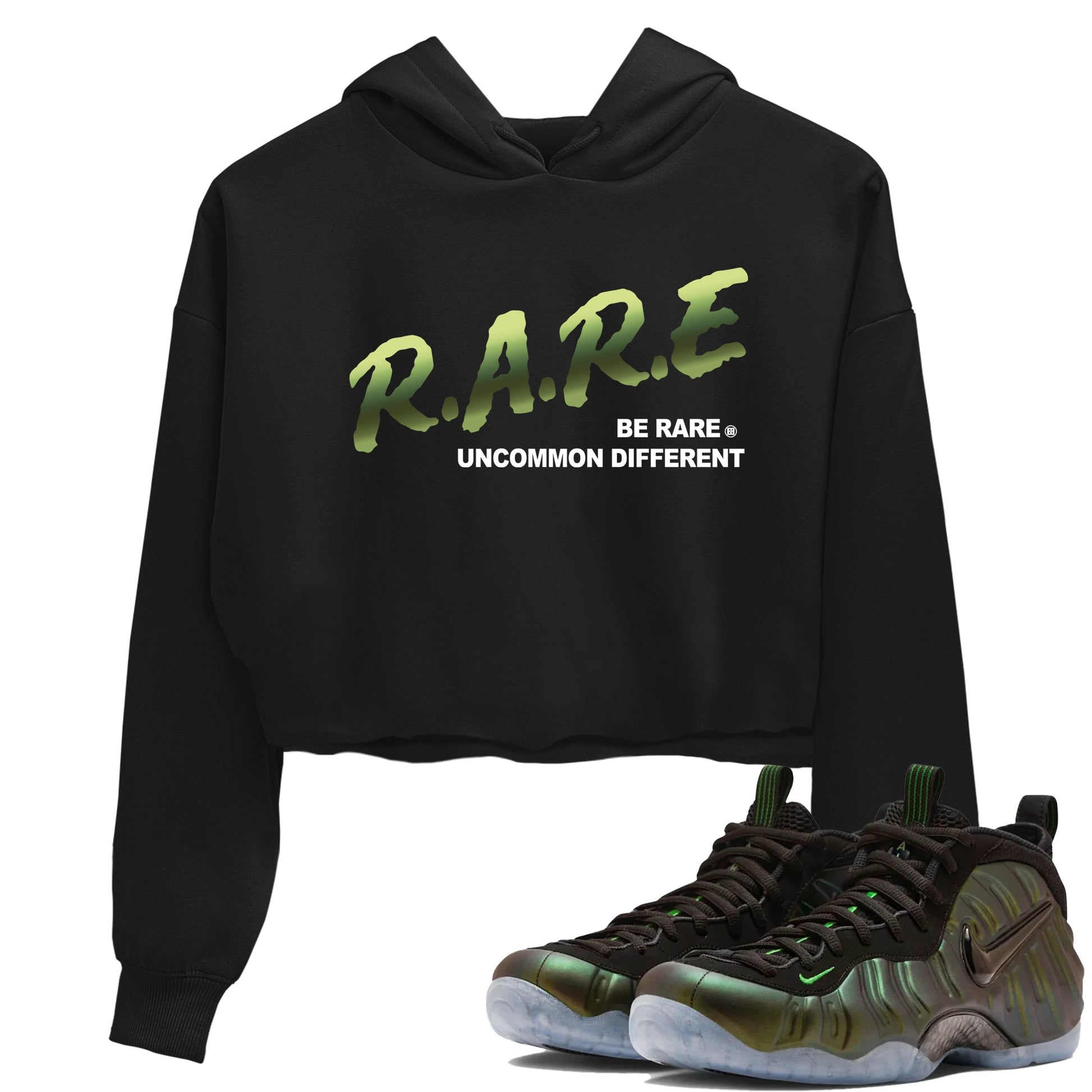 Sneaker match tees – Sneaker Tees To Match Air Foamposite One Pine Green Shoes – Be Rare Uncommon Different Crop T-Shirt Black 1