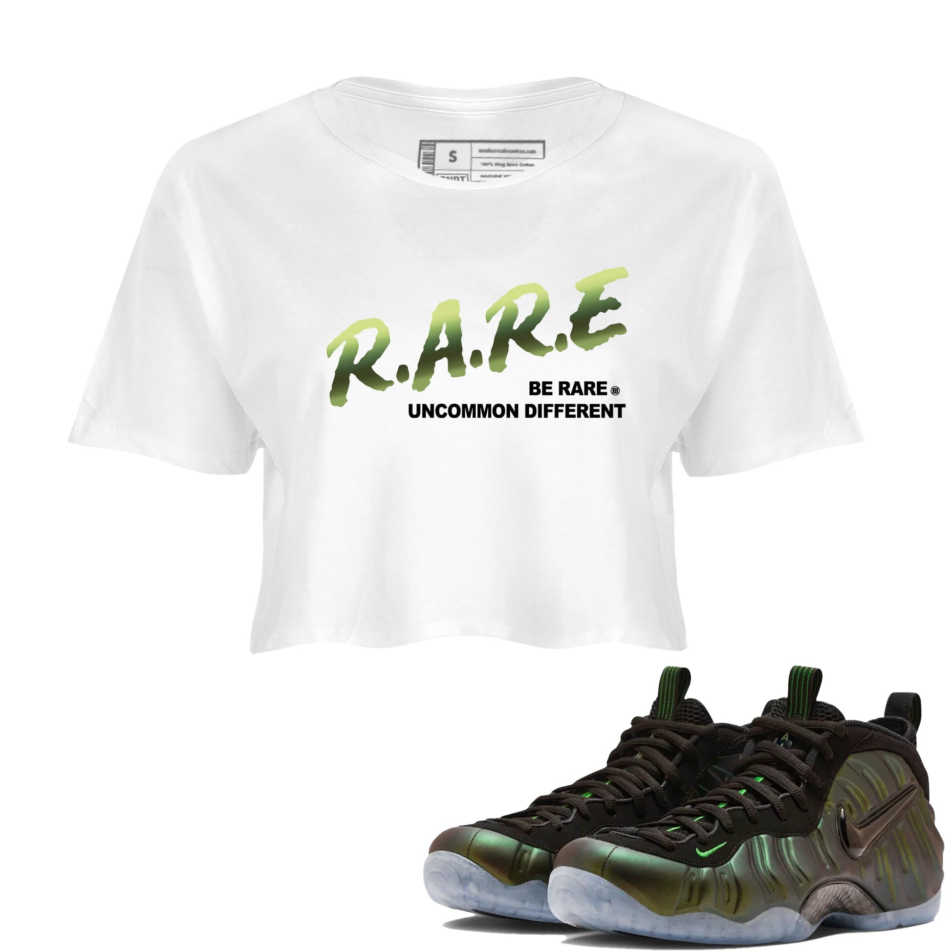 Sneaker match tees – Sneaker Tees To Match Air Foamposite One Pine Green Shoes – Be Rare Uncommon Different Crop T-Shirt White 1