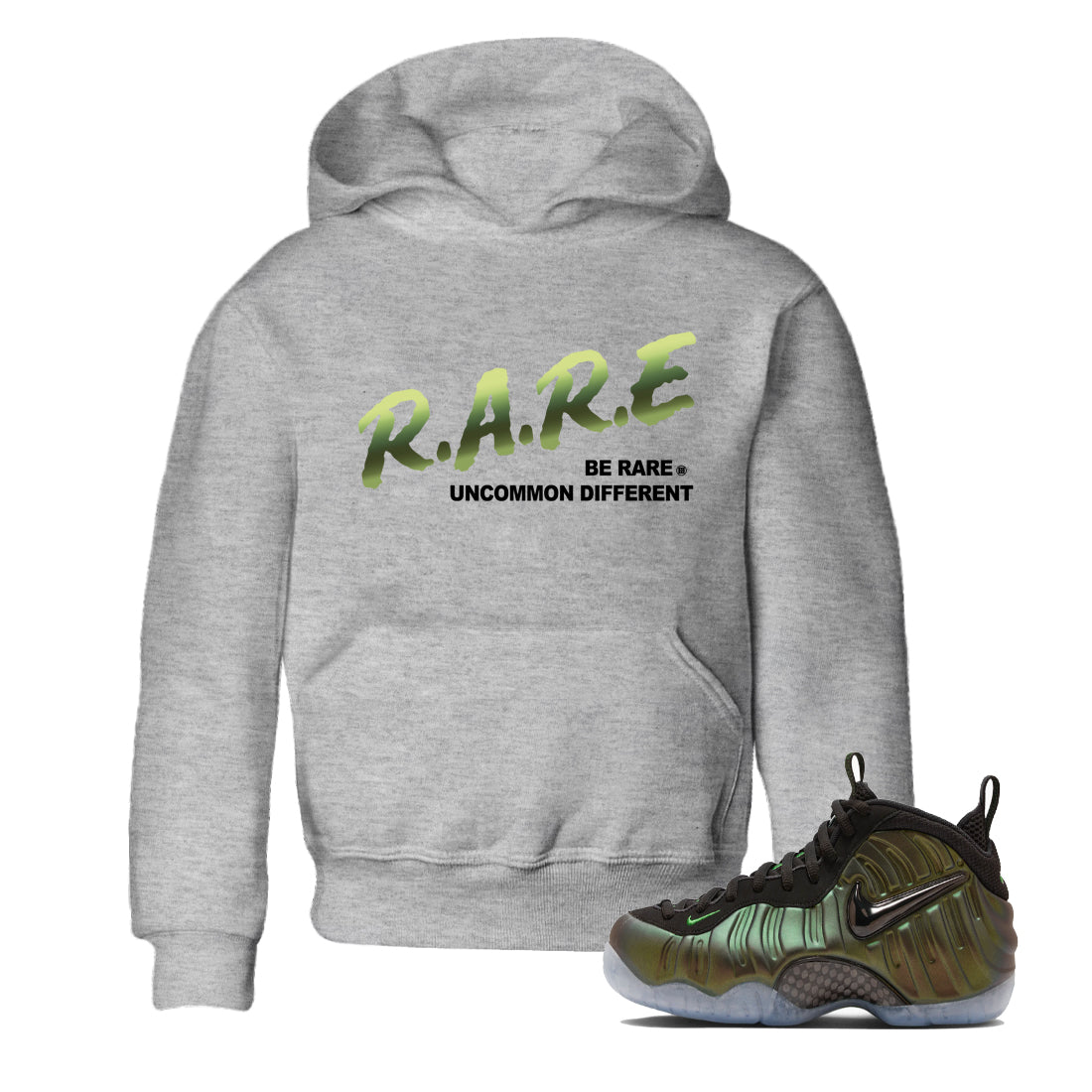 Sneaker match tees – Sneaker Tees To Match Air Foamposite One Pine Green Shoes – Be Rare Uncommon Different Kids T-Shirt Heather Grey 1