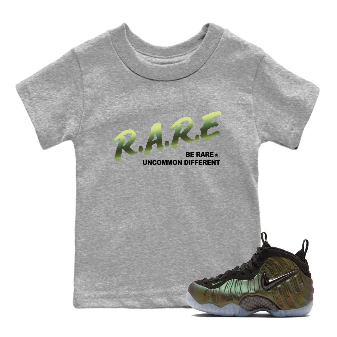Sneaker match tees – Sneaker Tees To Match Air Foamposite One Pine Green Shoes – Be Rare Uncommon Different Kids T-Shirt Heather Grey 1
