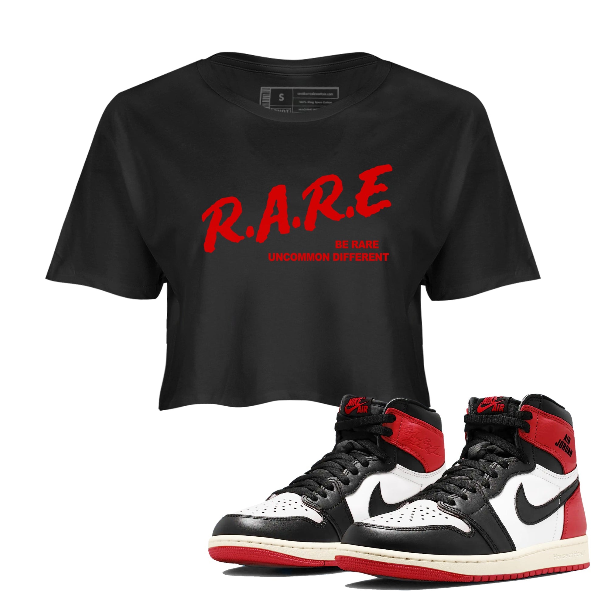 1s Black Toe Reimagined shirts to match jordans Be Rare Uncommon Different sneaker match tees Air Jordan 1 Black Toe Reimagined match shoes to clothes SNRT Sneaker Tees unisex cotton Black 1 crop tee